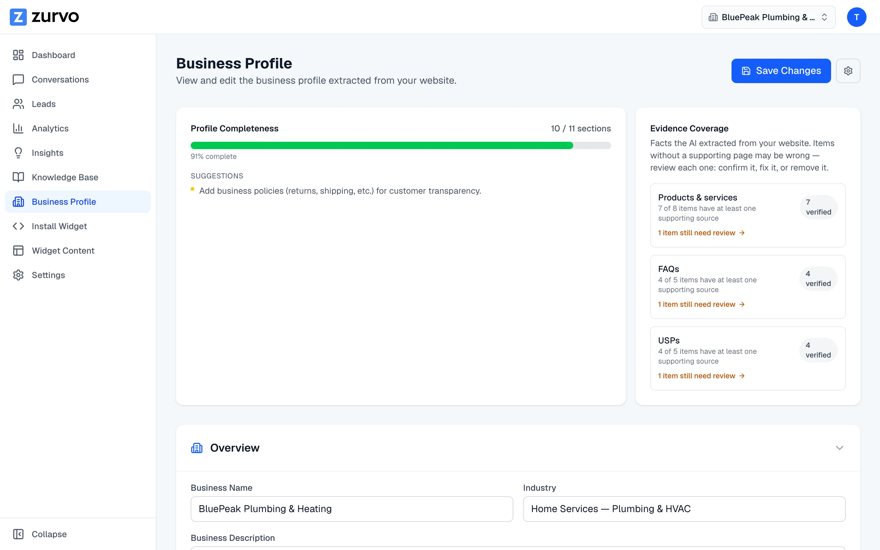 The Zurvo business profile page with structured sections extracted from a website.