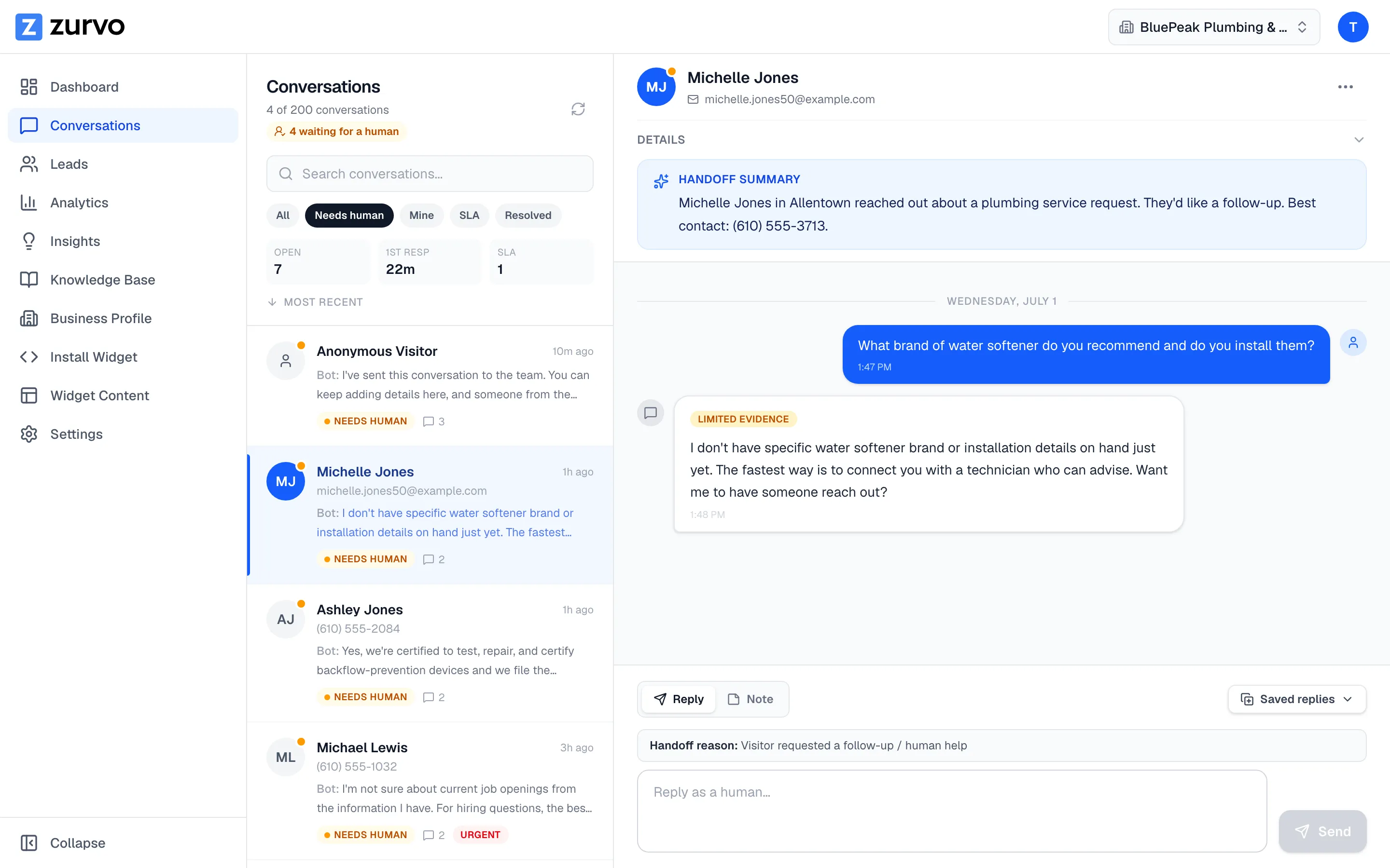 A handed-off conversation open in the Zurvo team inbox with full history