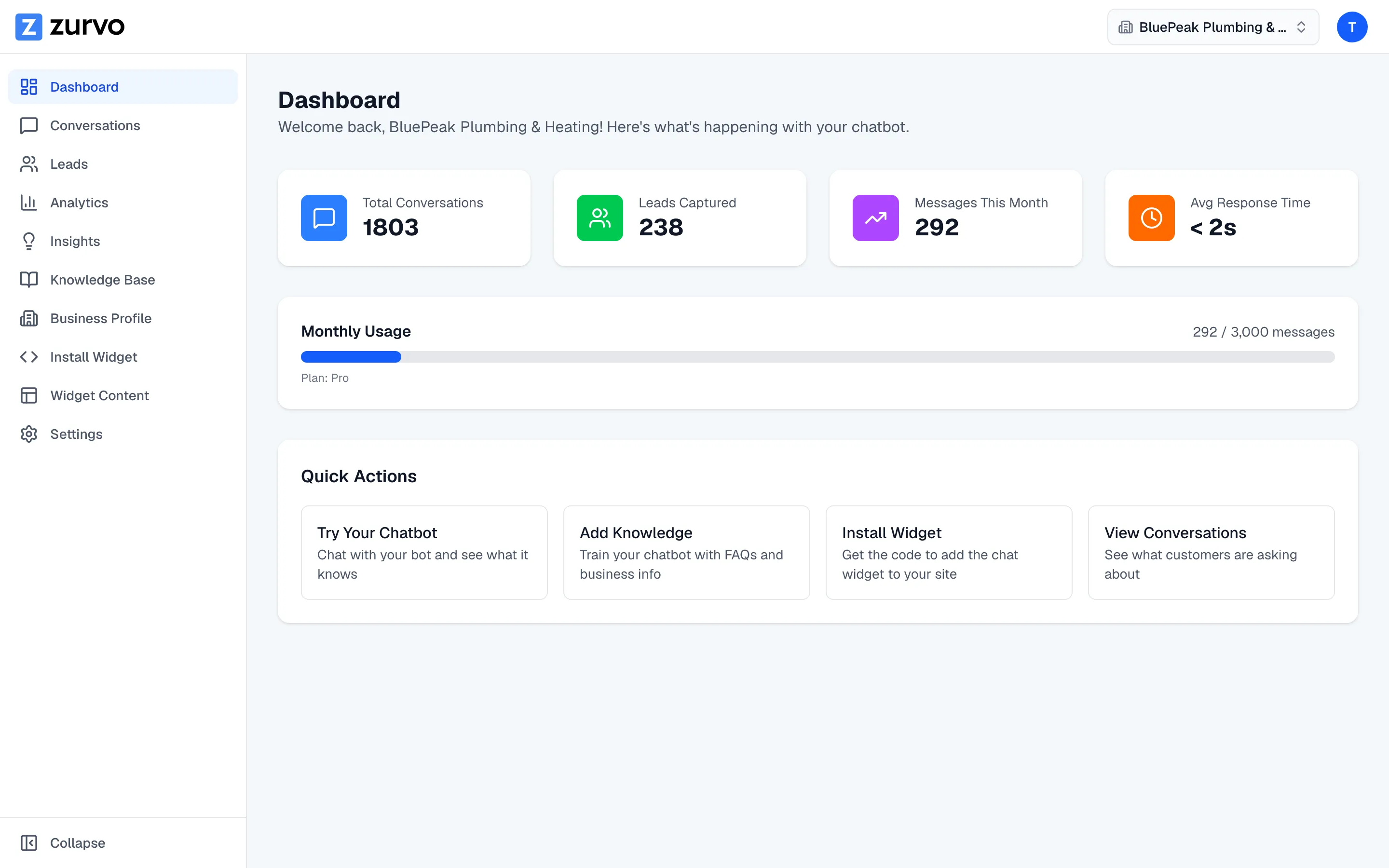 Zurvo dashboard showing a small business's website conversations, captured leads, and monthly usage at a glance