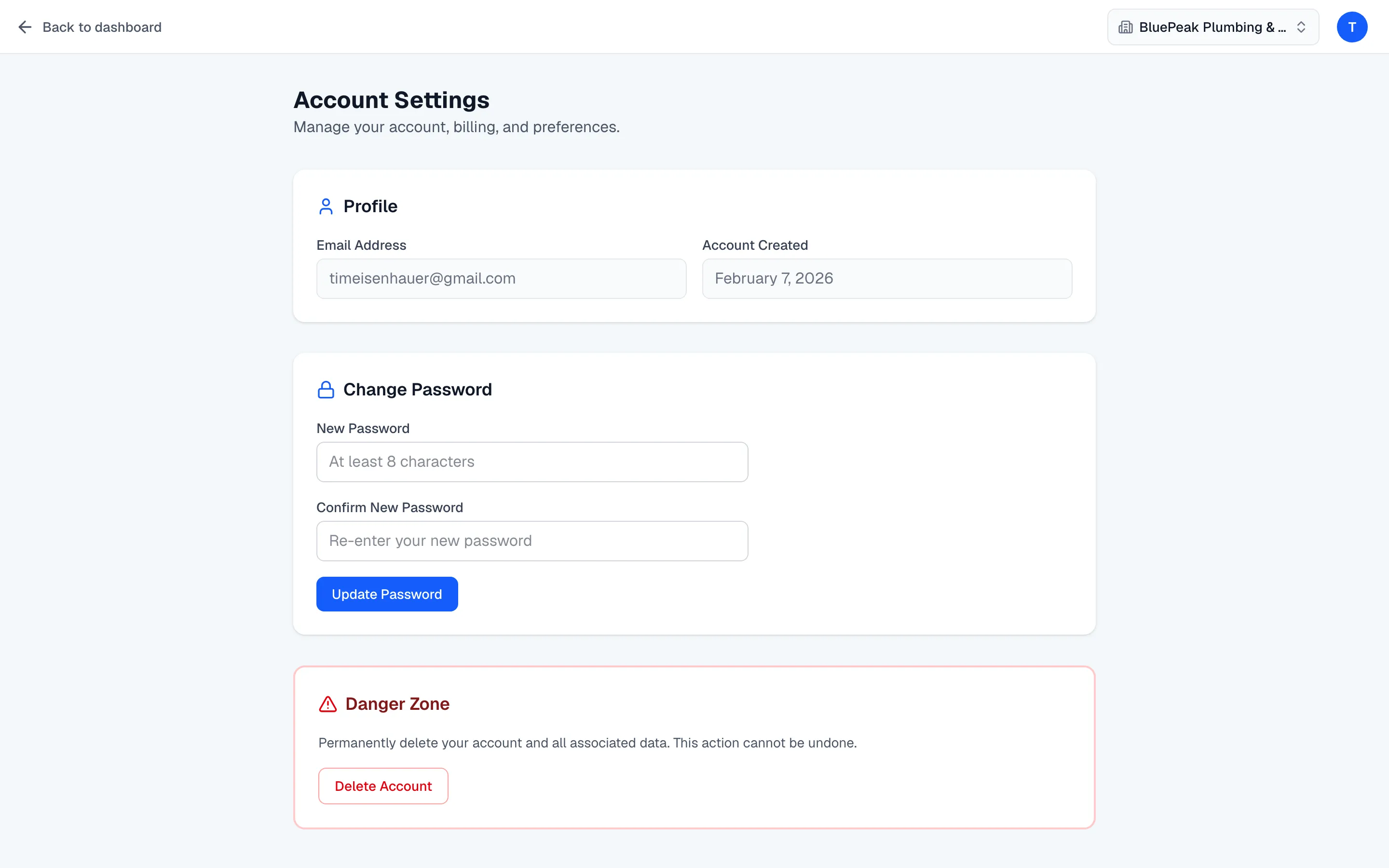 The account Profile and Change Password sections.