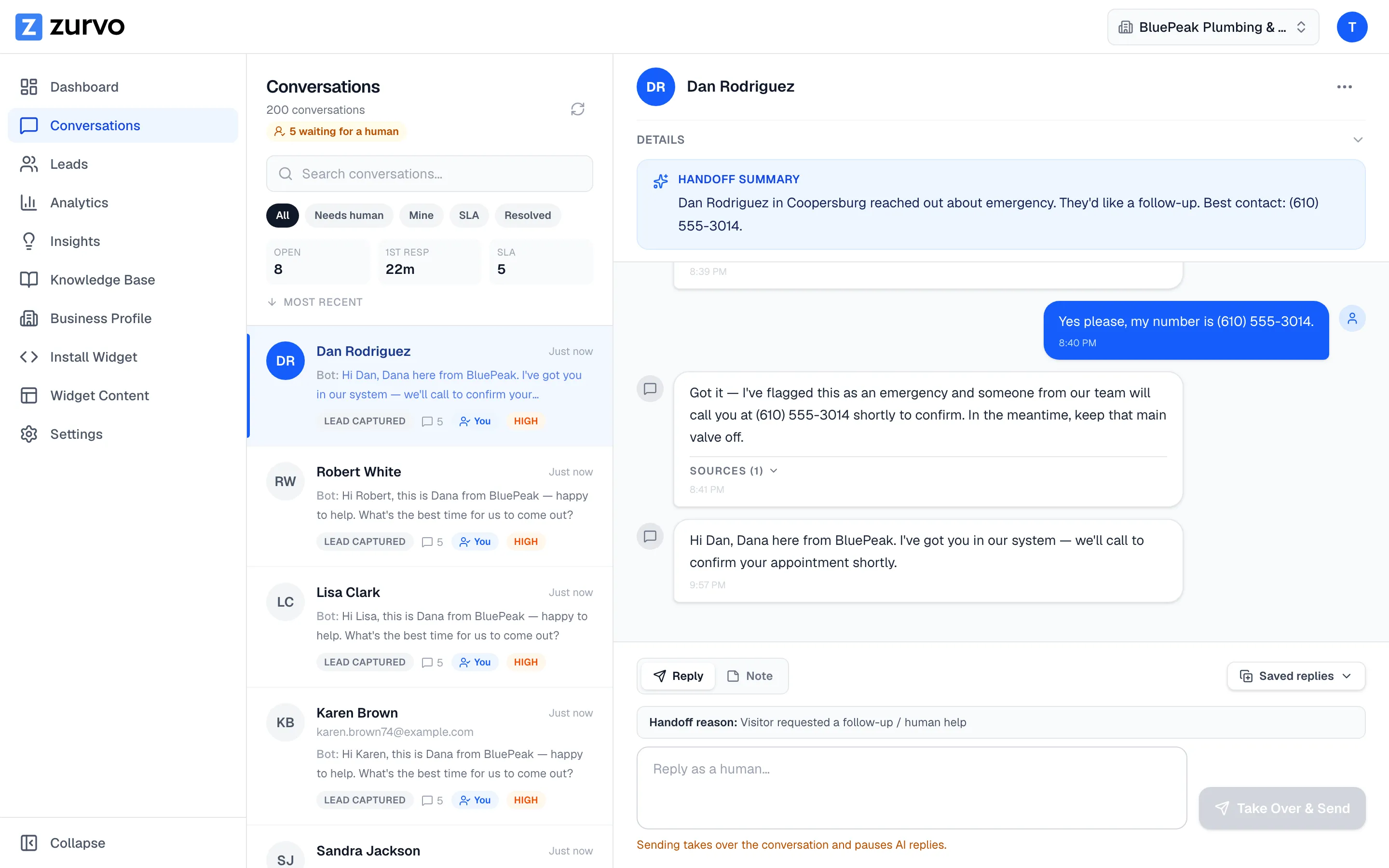 The human reply composer with the Reply/Note toggle and Saved replies button.