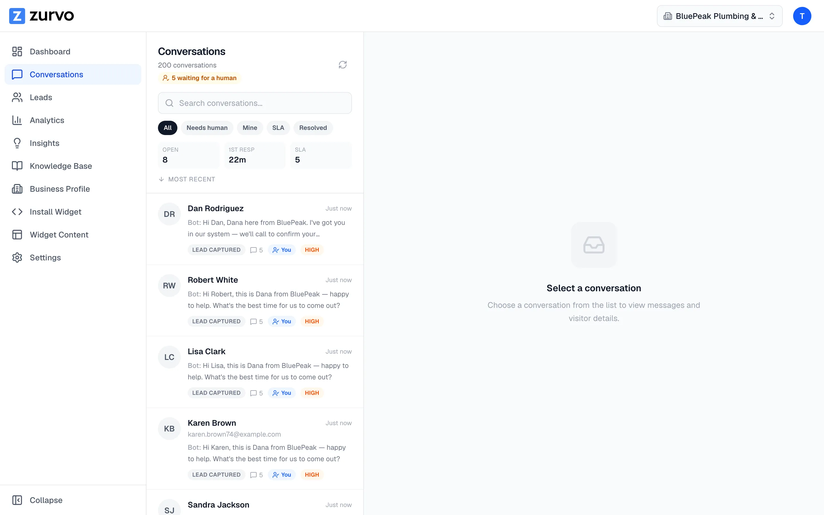 Conversation rows showing status, priority, assignee, and lead badges.