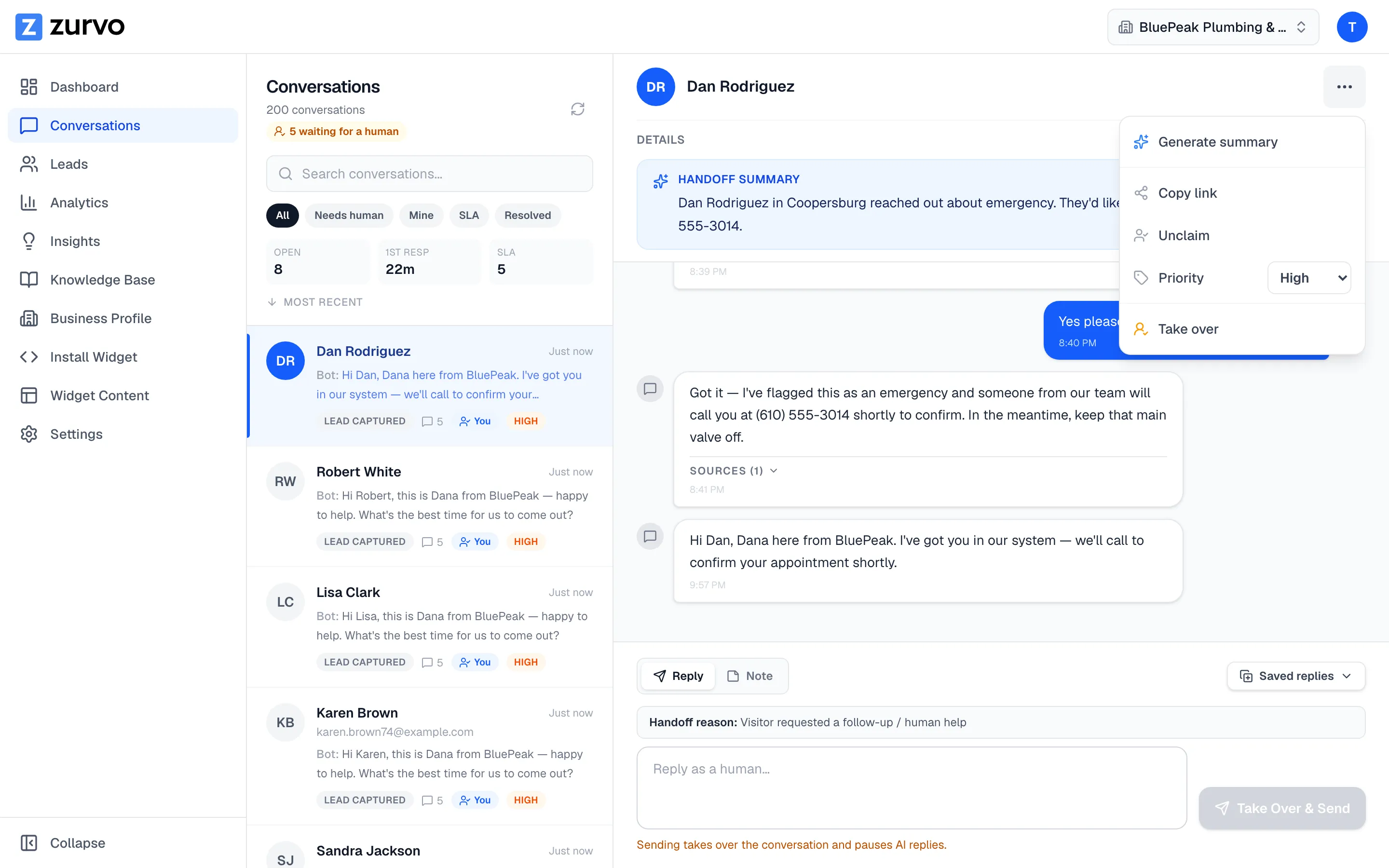 The conversation actions menu open showing Claim, Priority, and status options.
