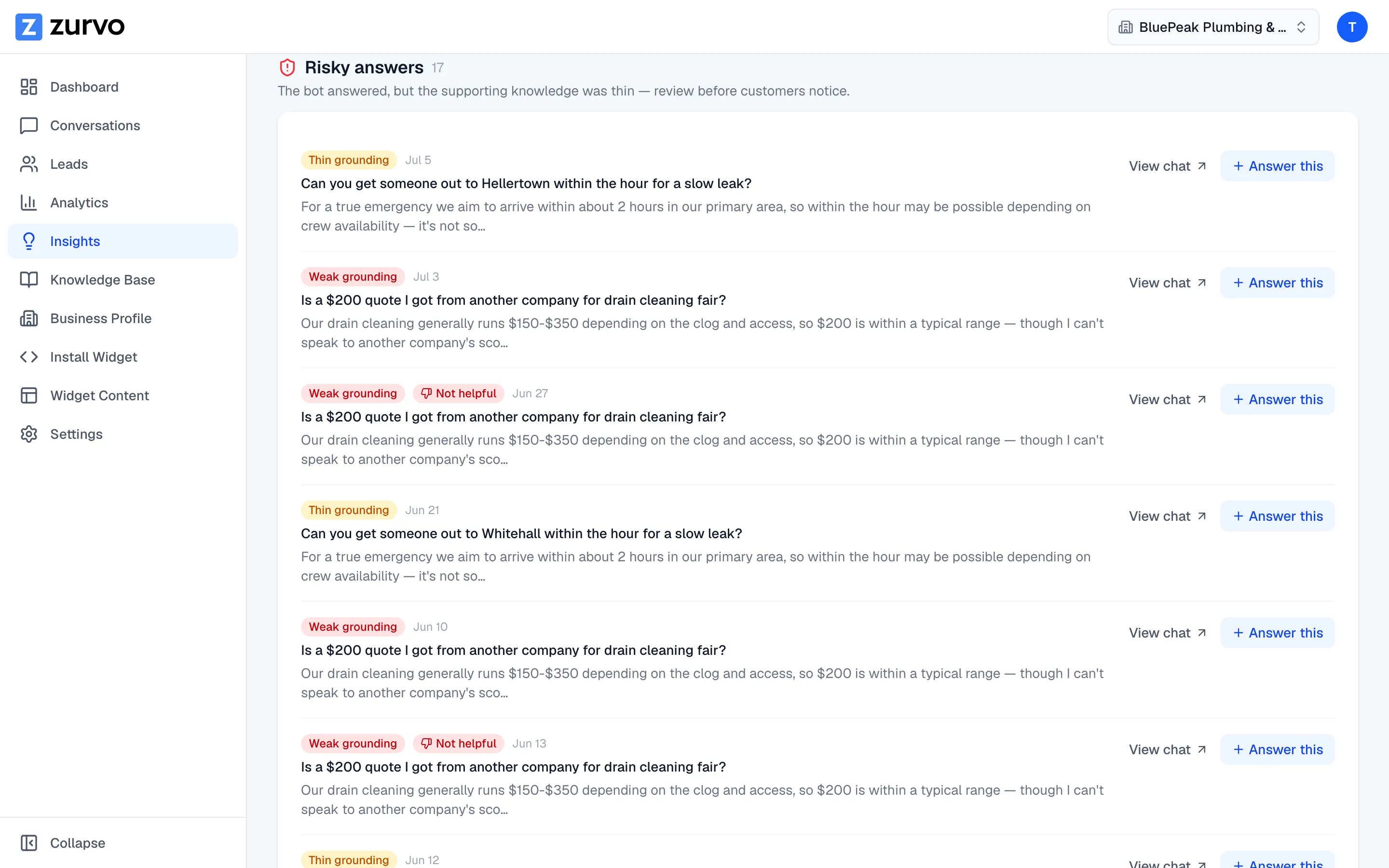 The Insights page Risky answers list with grounding badges and answer snippets.