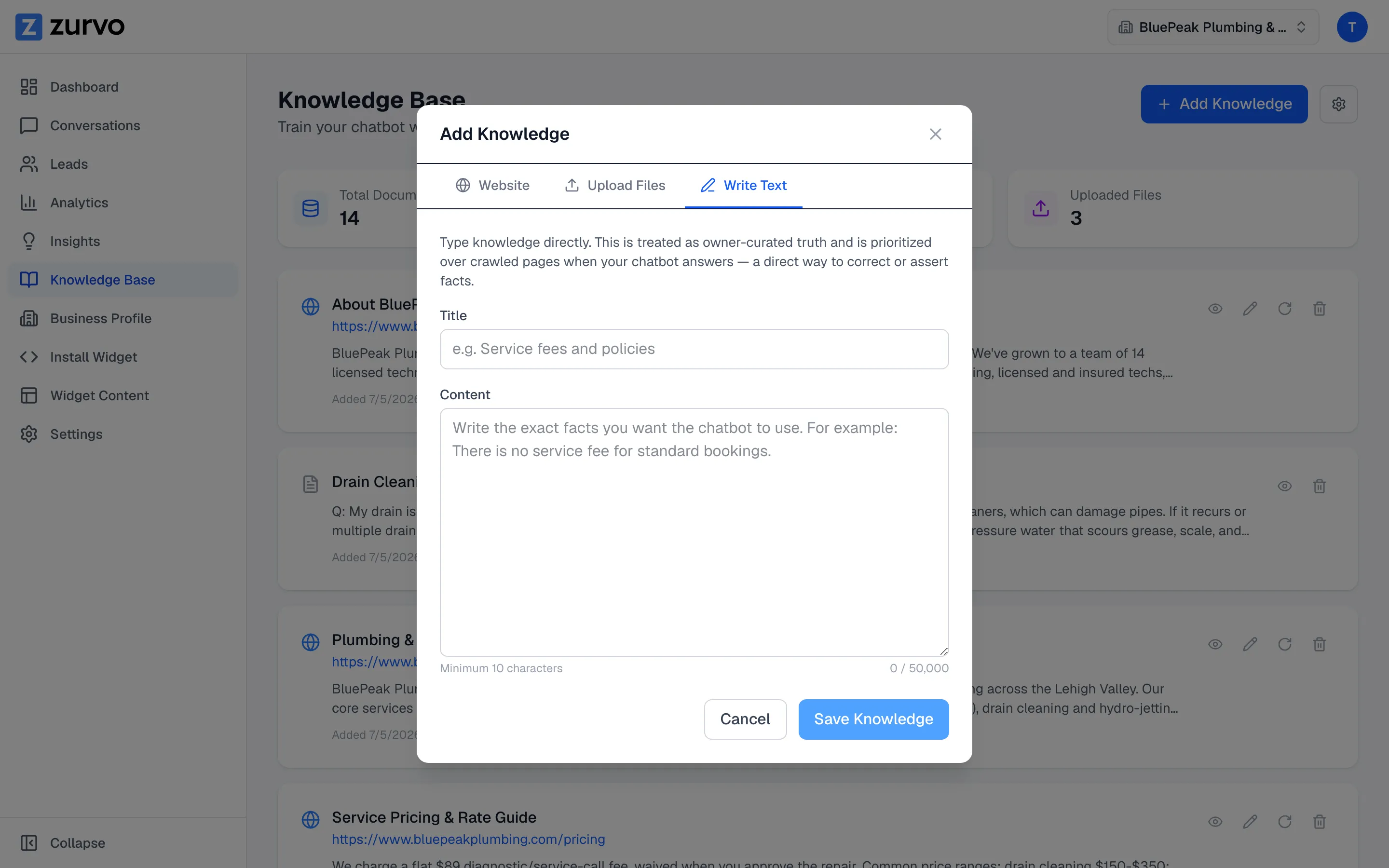 The Add Knowledge modal on the Write Text tab.