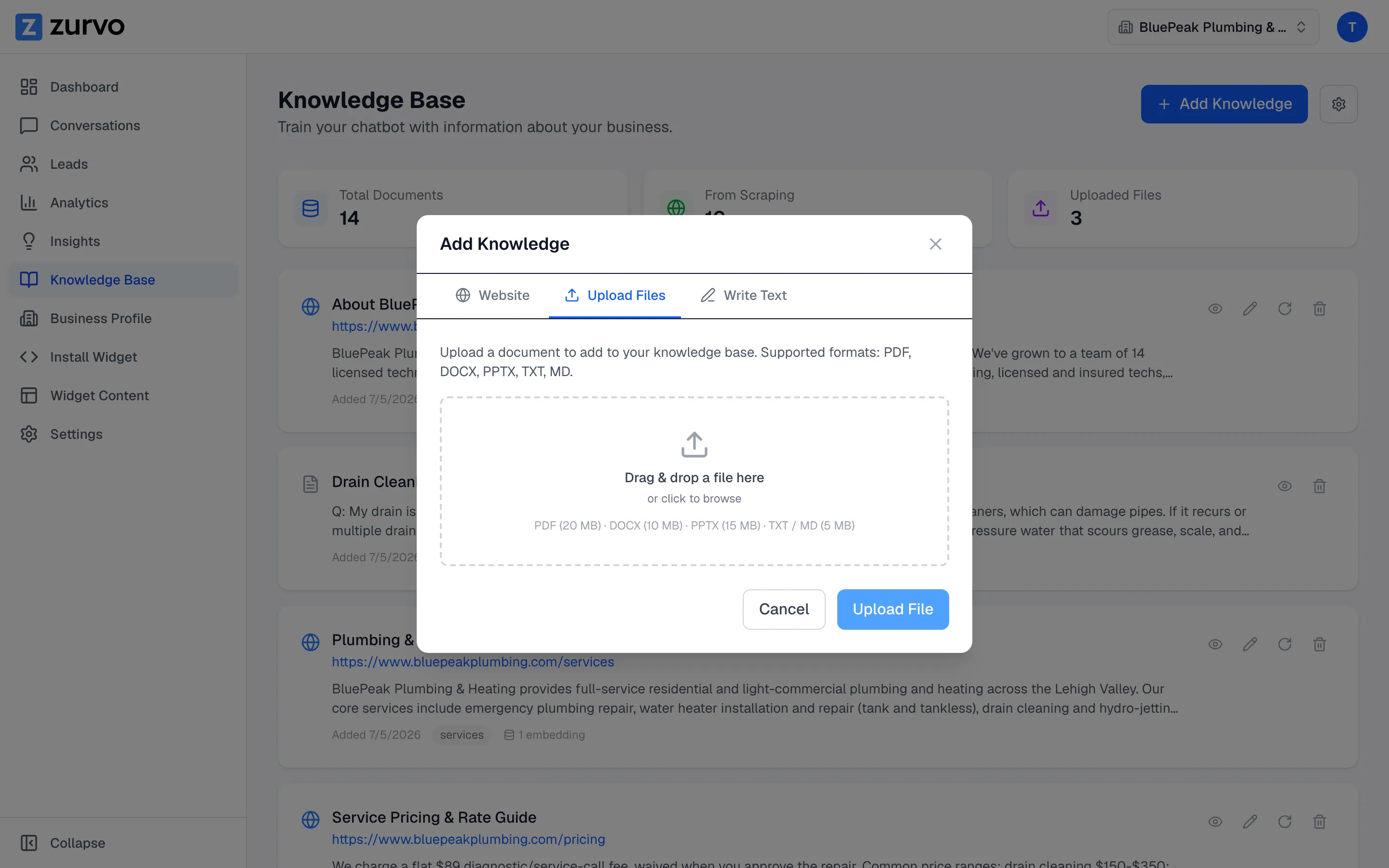 The Add Knowledge modal on the Upload Files tab with a drop zone.