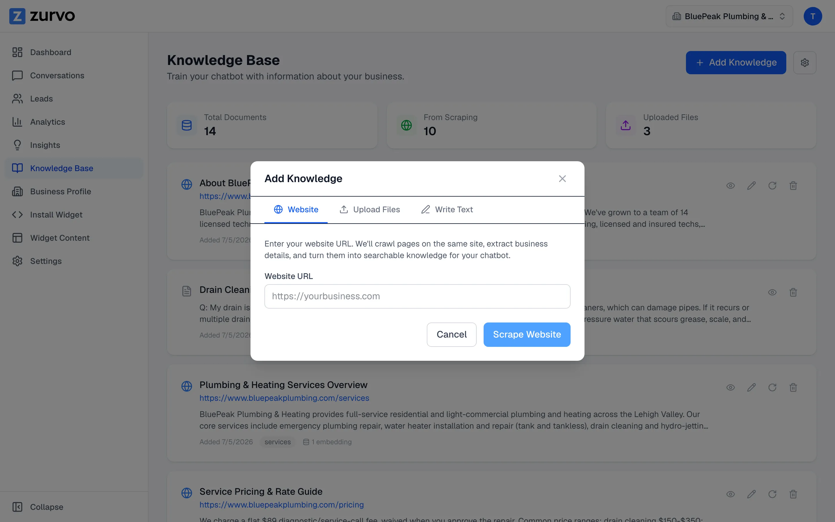 The Add Knowledge modal on the Website tab with a URL field.