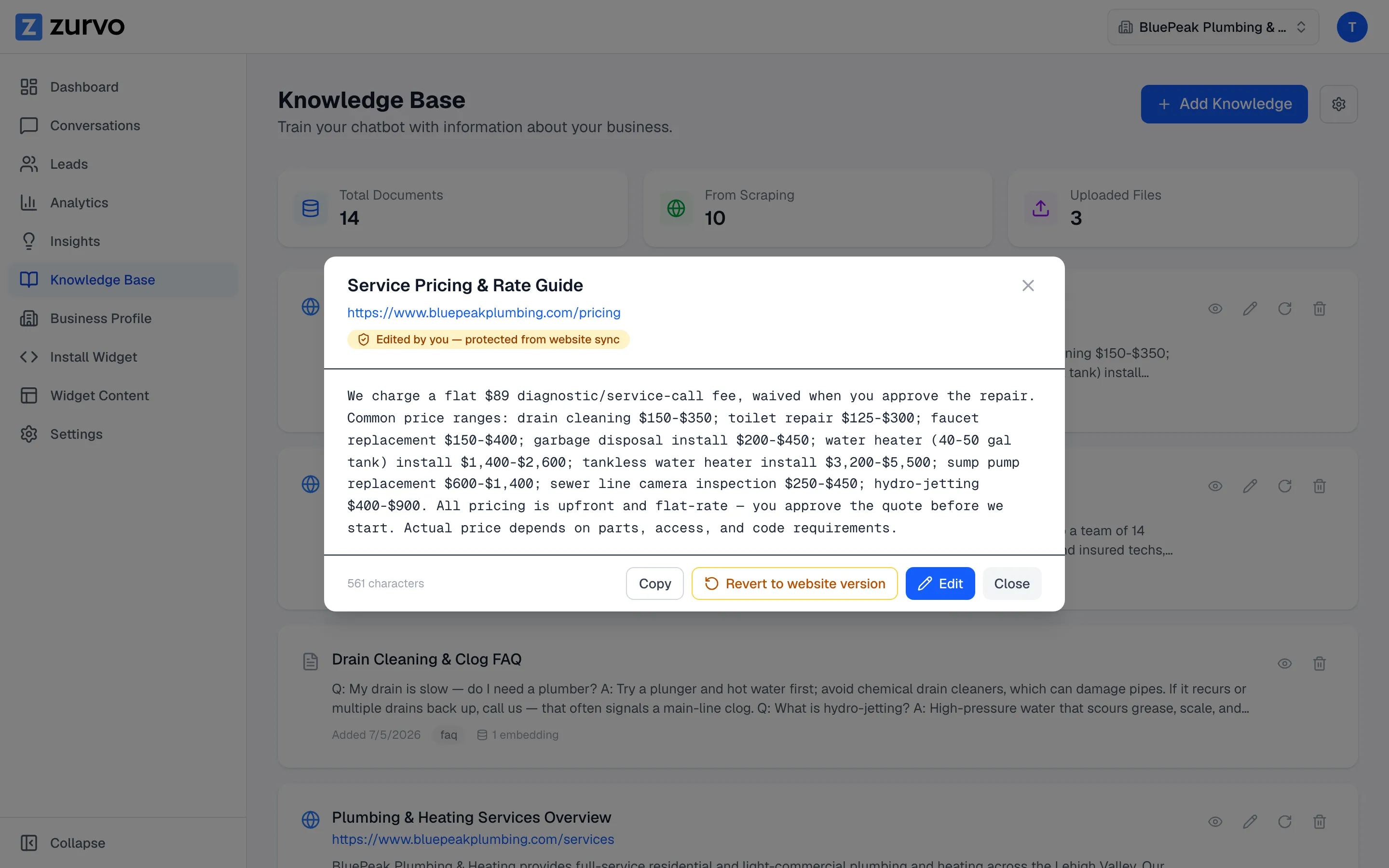The knowledge document viewer open showing a document’s full content.