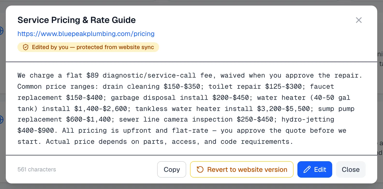 A knowledge document with the "Edited by you — protected from website sync" badge.