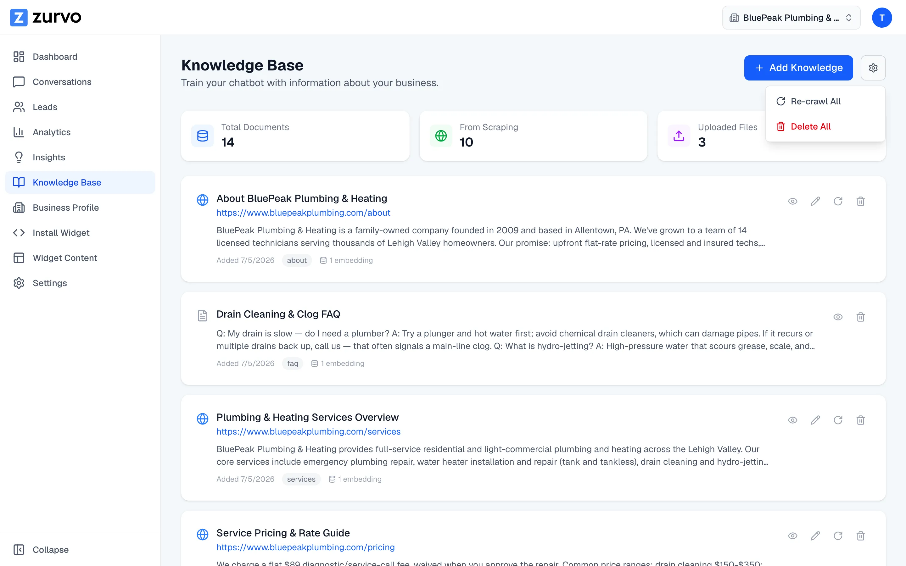 The knowledge base actions menu open showing Re-crawl All.