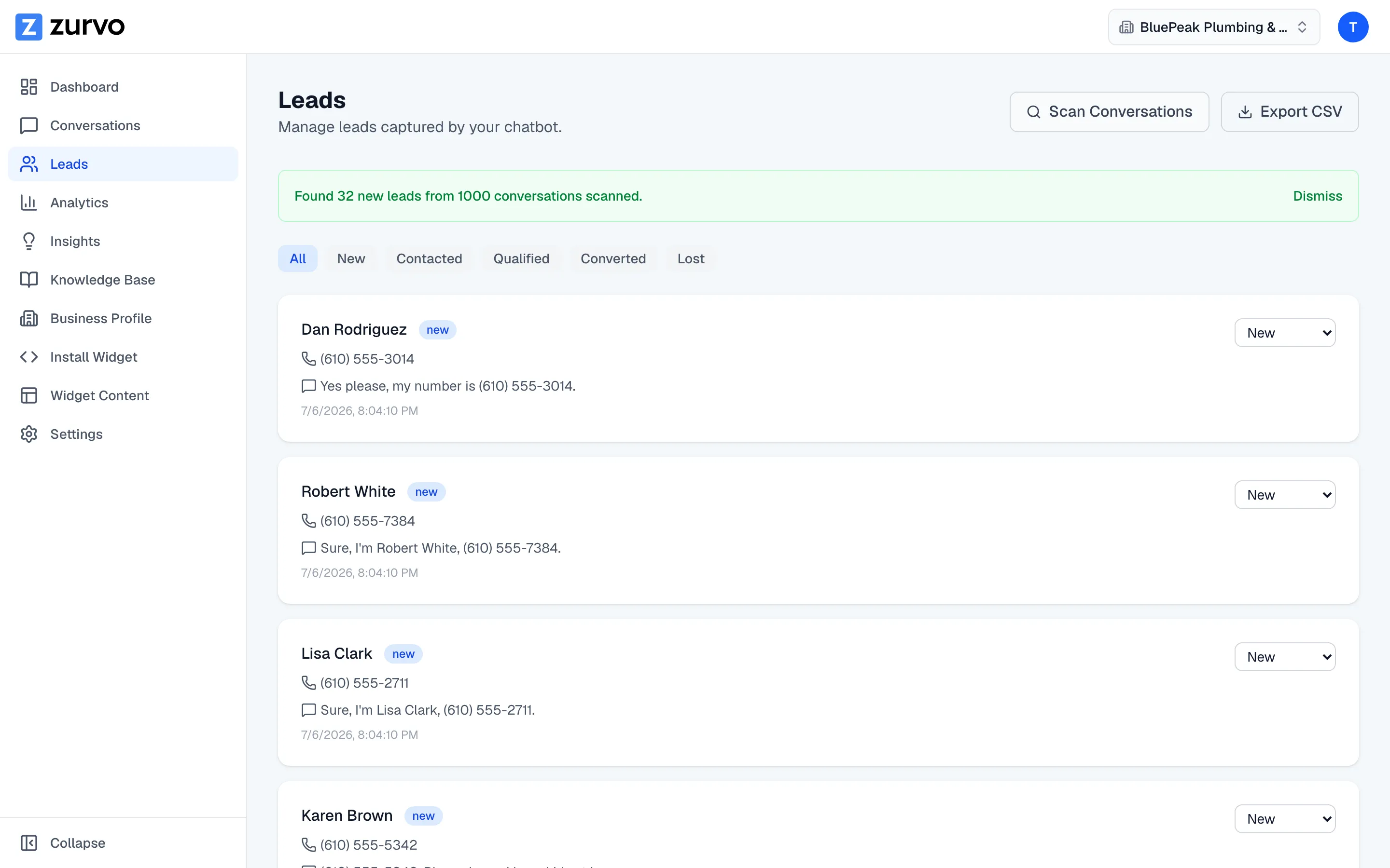 The green scan-result banner reading "Found N new leads from M conversations scanned."