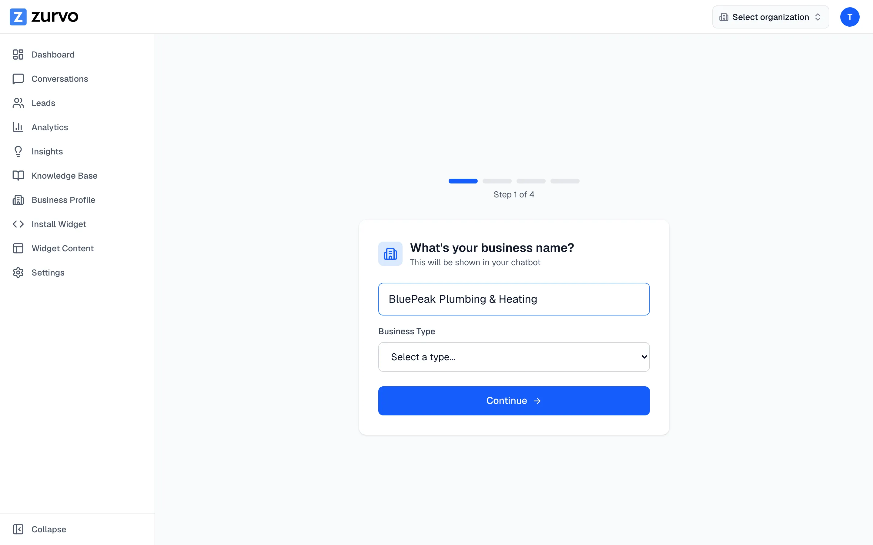 Onboarding step 1: enter your business name and type.