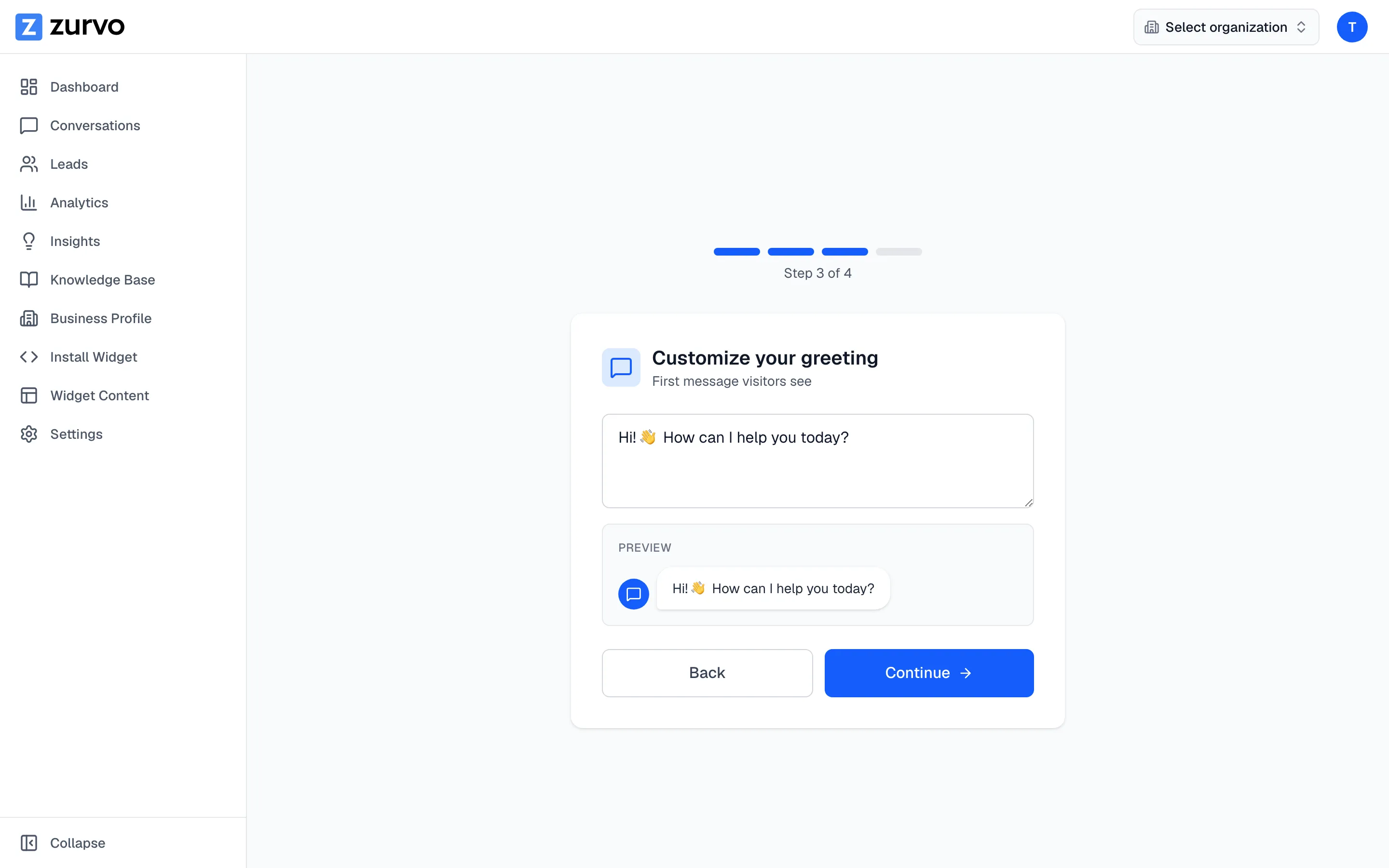 Onboarding step 3: write your greeting with a live preview.