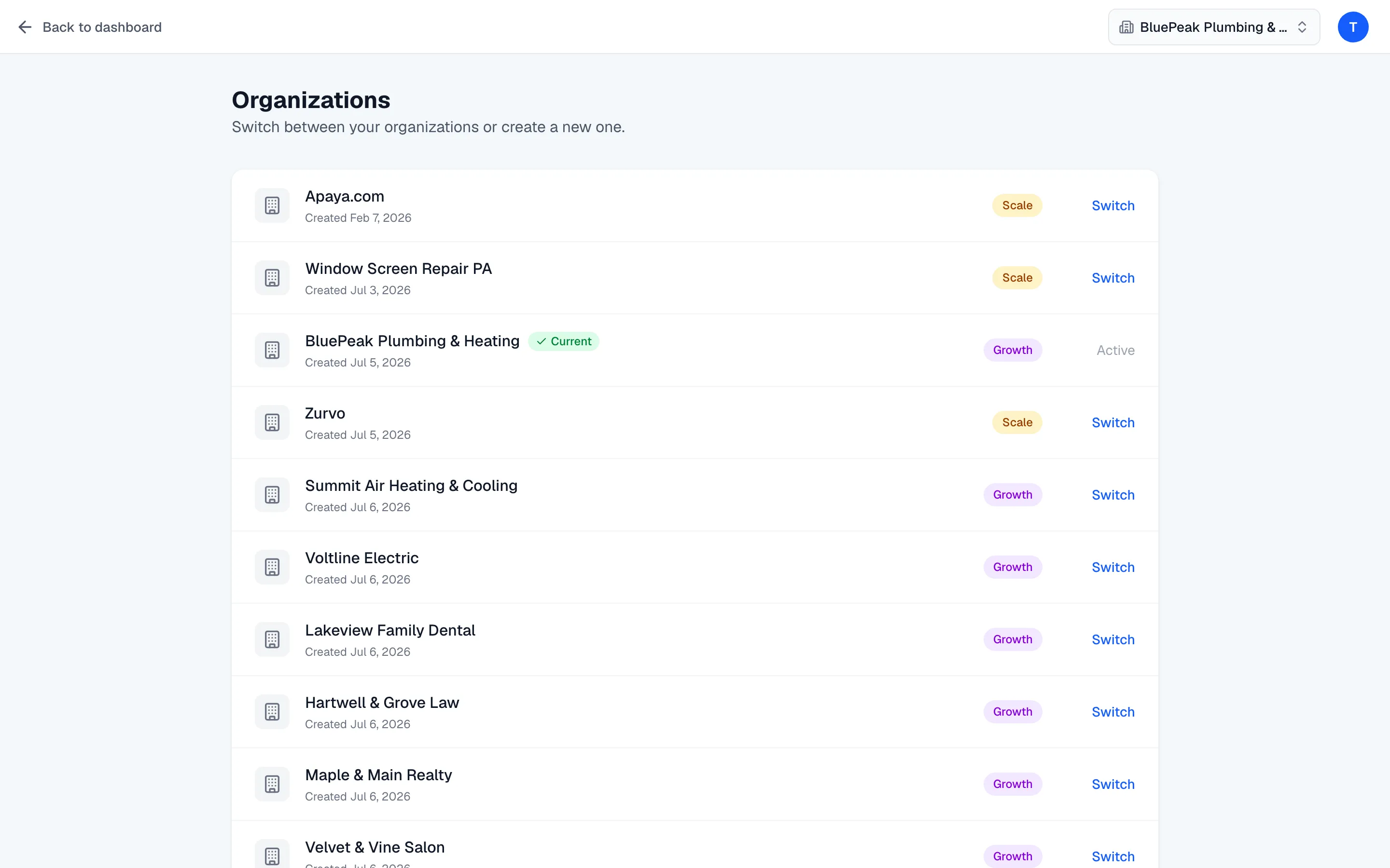 The organizations list with a Current badge, plan badges, and Switch actions.