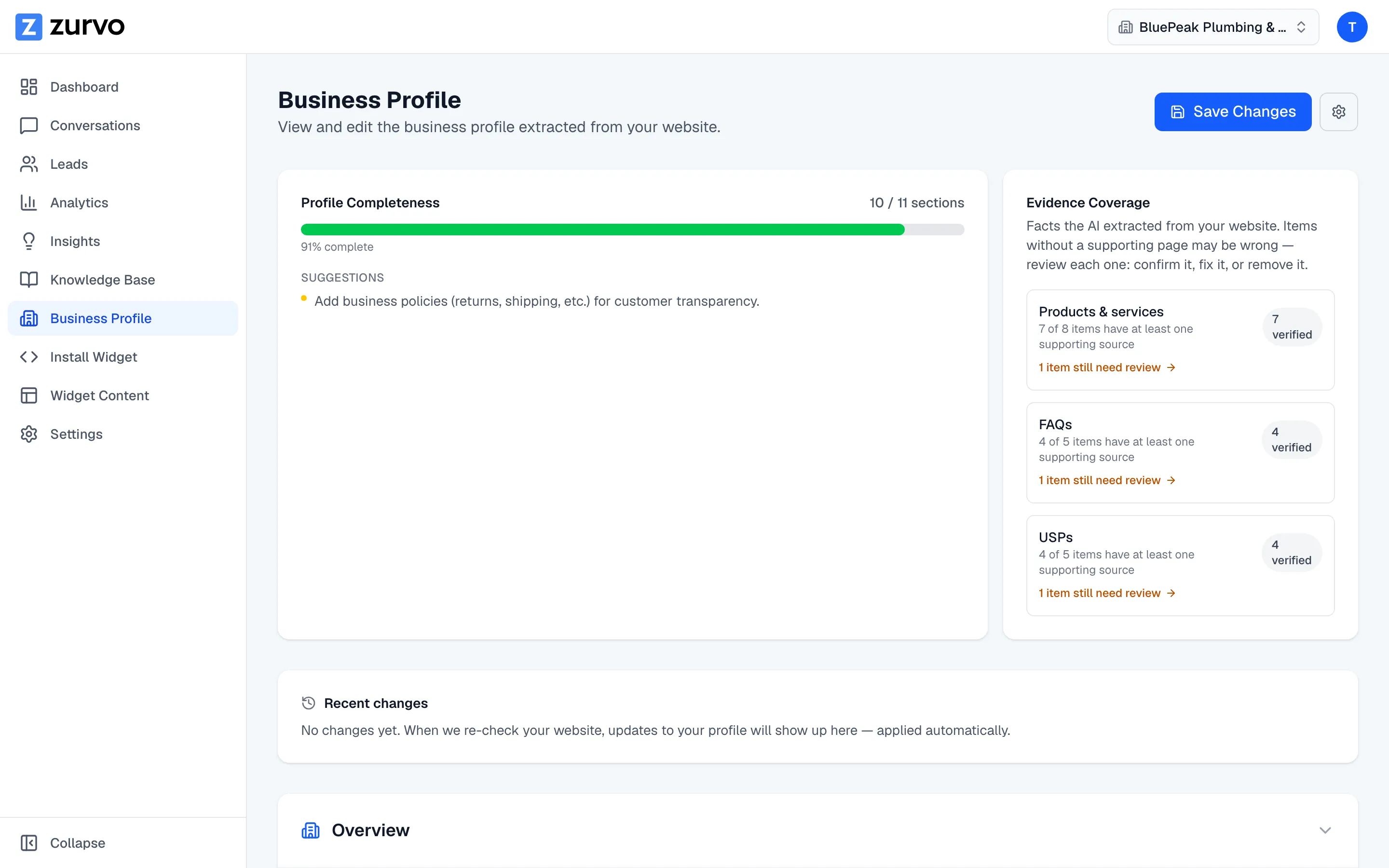 The Profile Completeness card with a score and suggestions.
