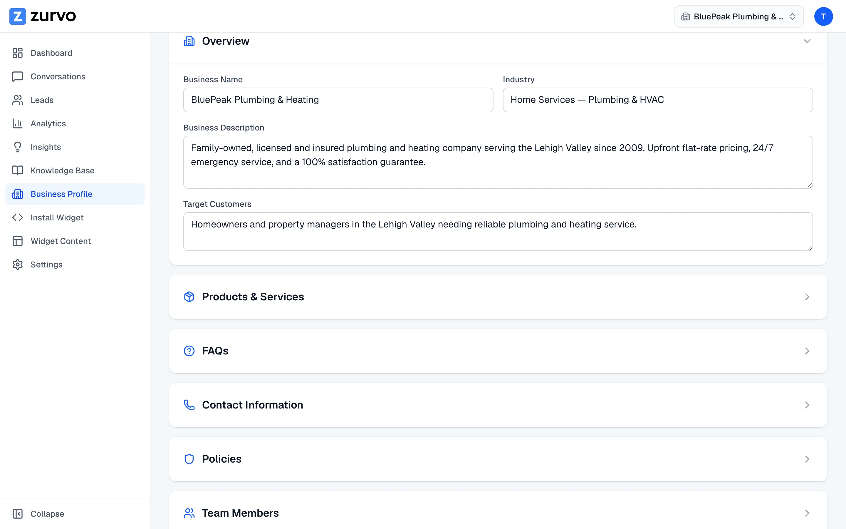 A business profile section expanded in edit mode with editable fields.