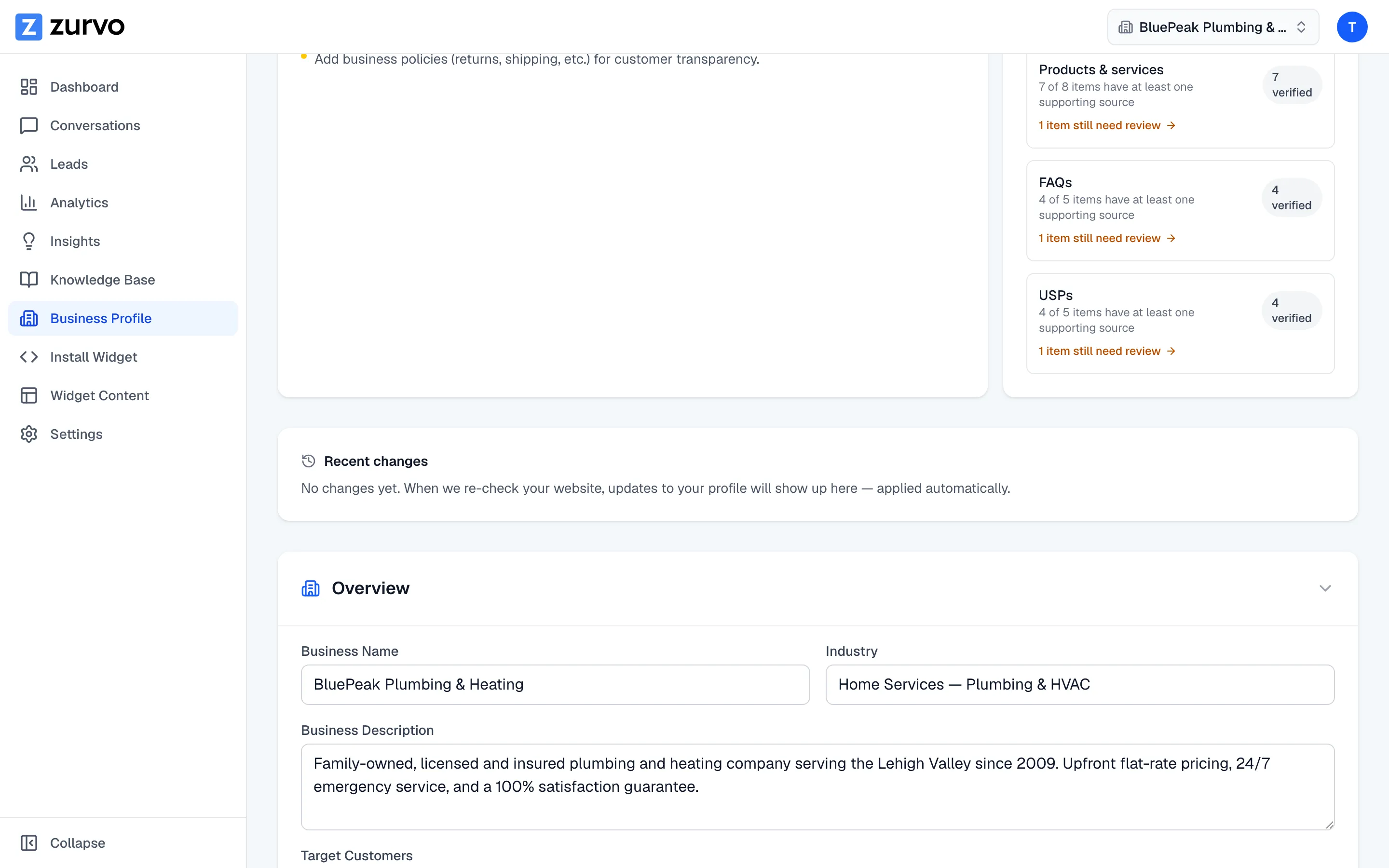 The Recent changes card on the business profile page.