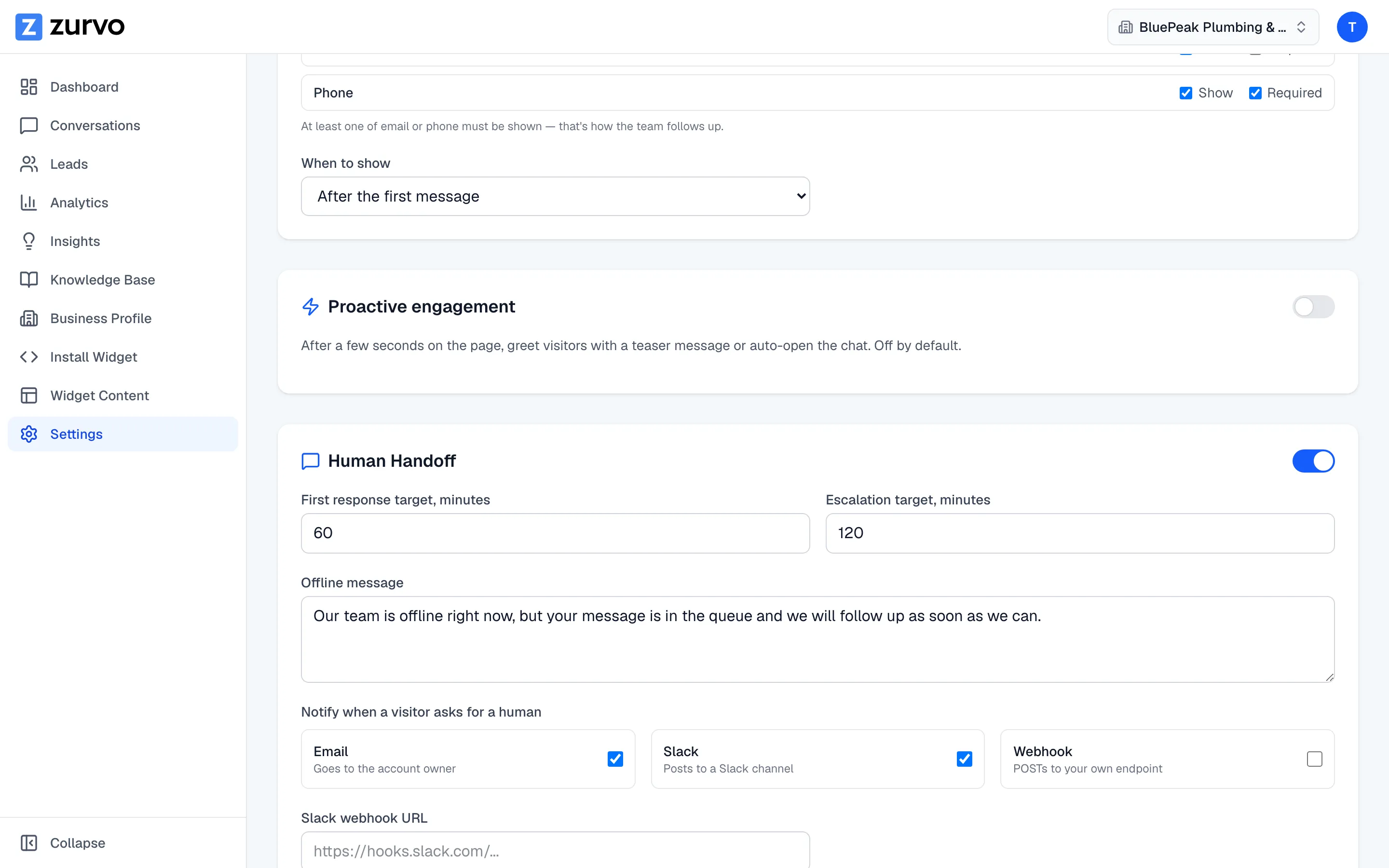 The Human Handoff settings with the enable toggle and Email/Slack notification channels.