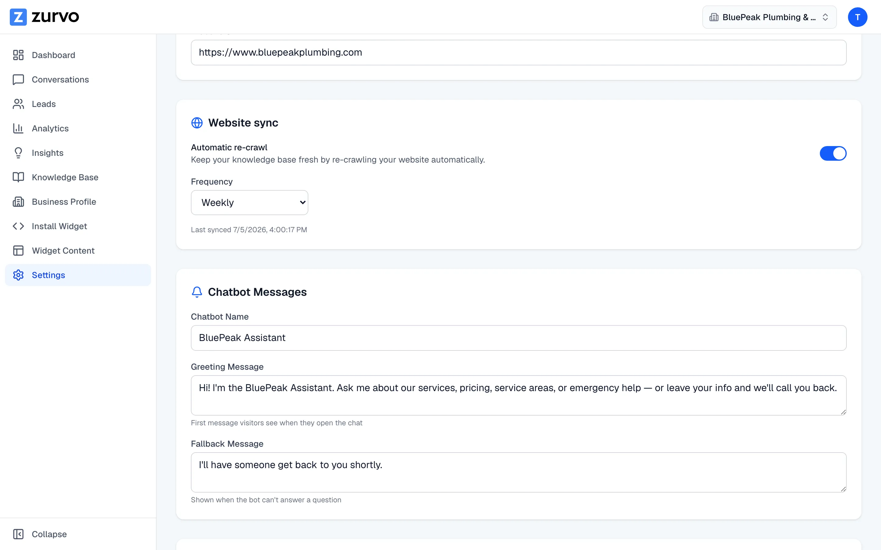The Chatbot Messages card with Name, Greeting, and Fallback fields.