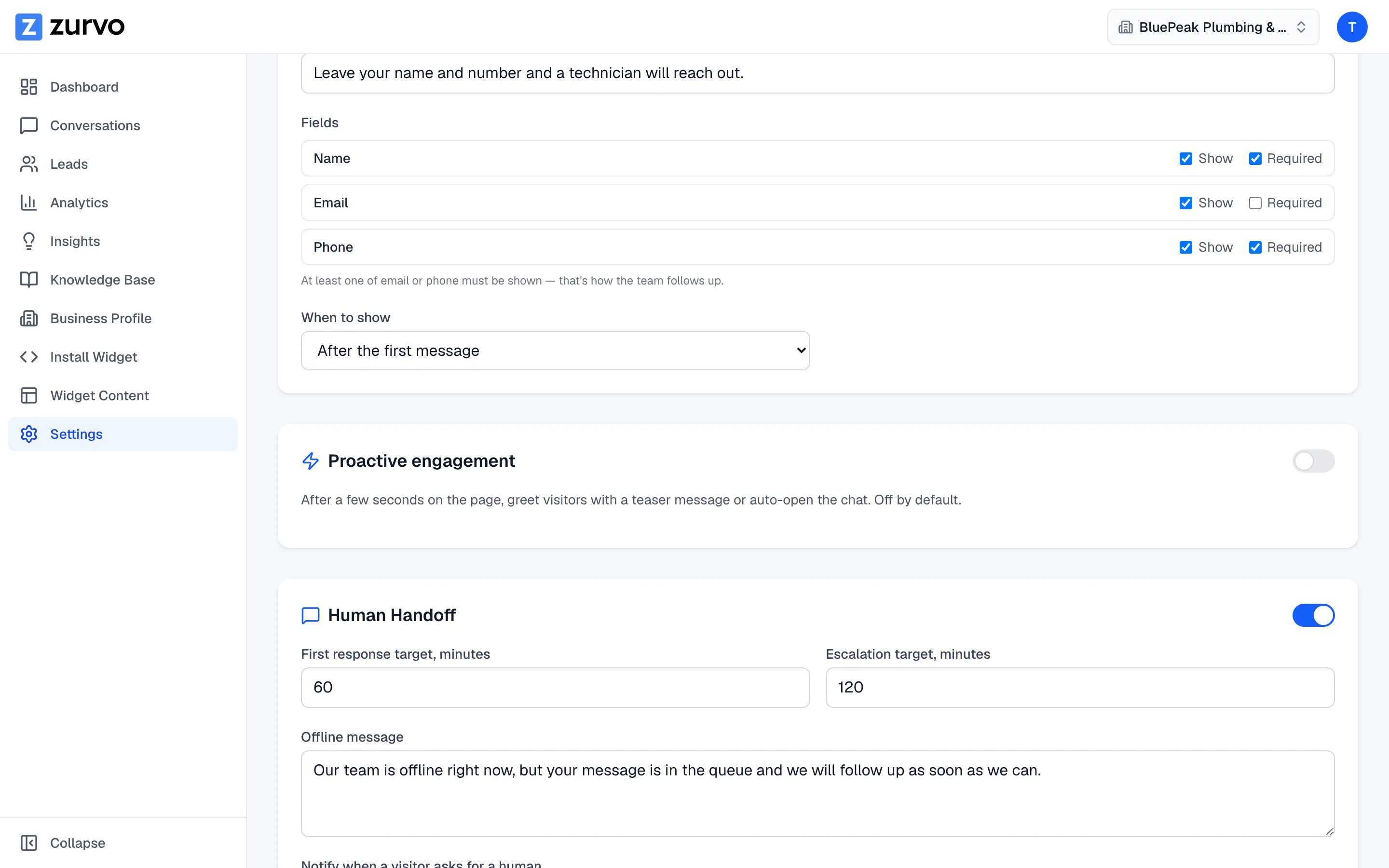 The Proactive engagement card in Settings.