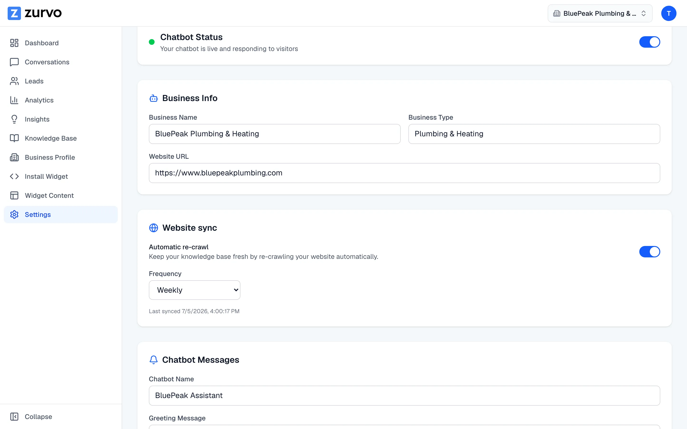 The Website sync settings with the automatic weekly re-crawl toggle.