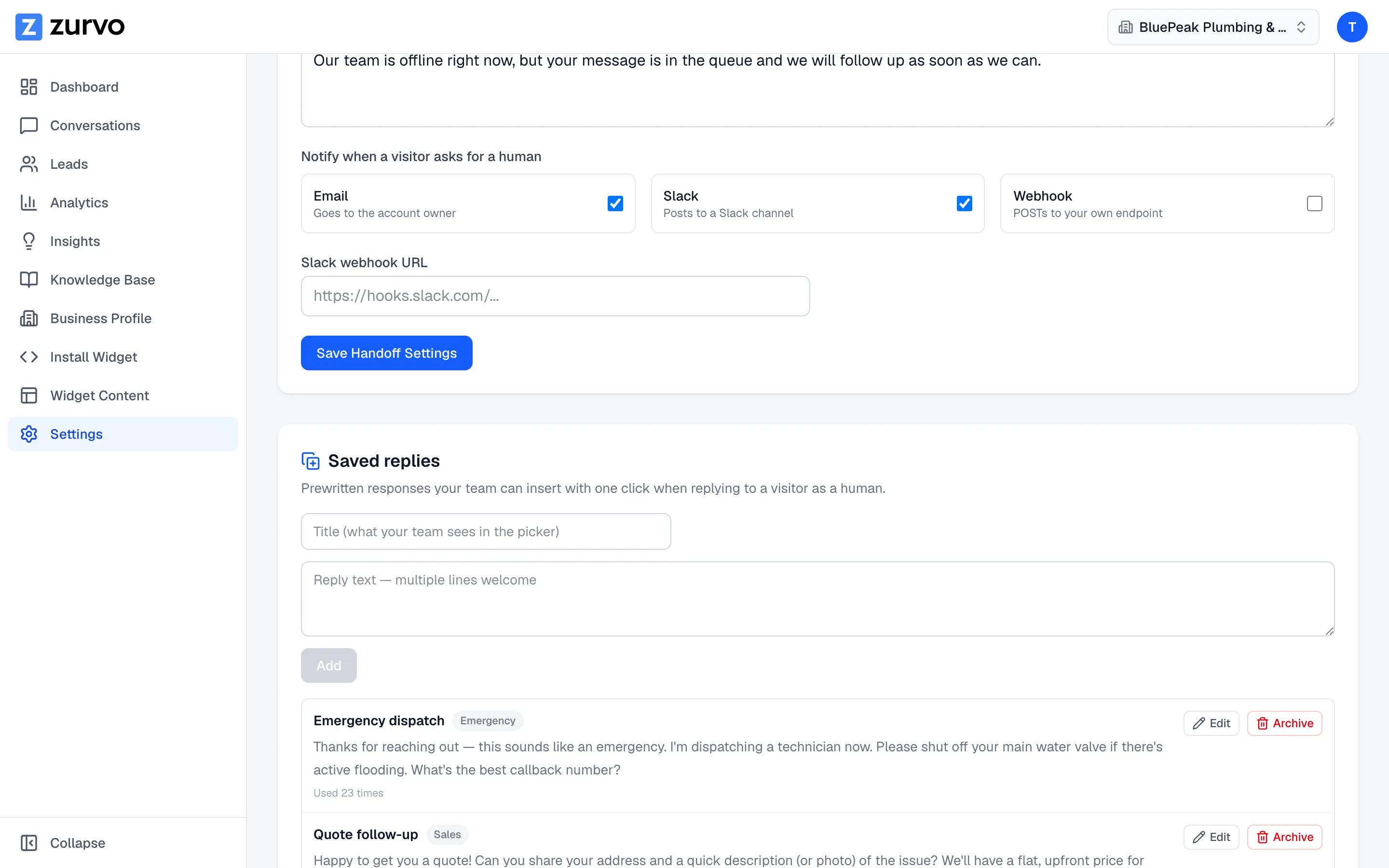 The Saved replies section with the title and body form and the list of existing replies.