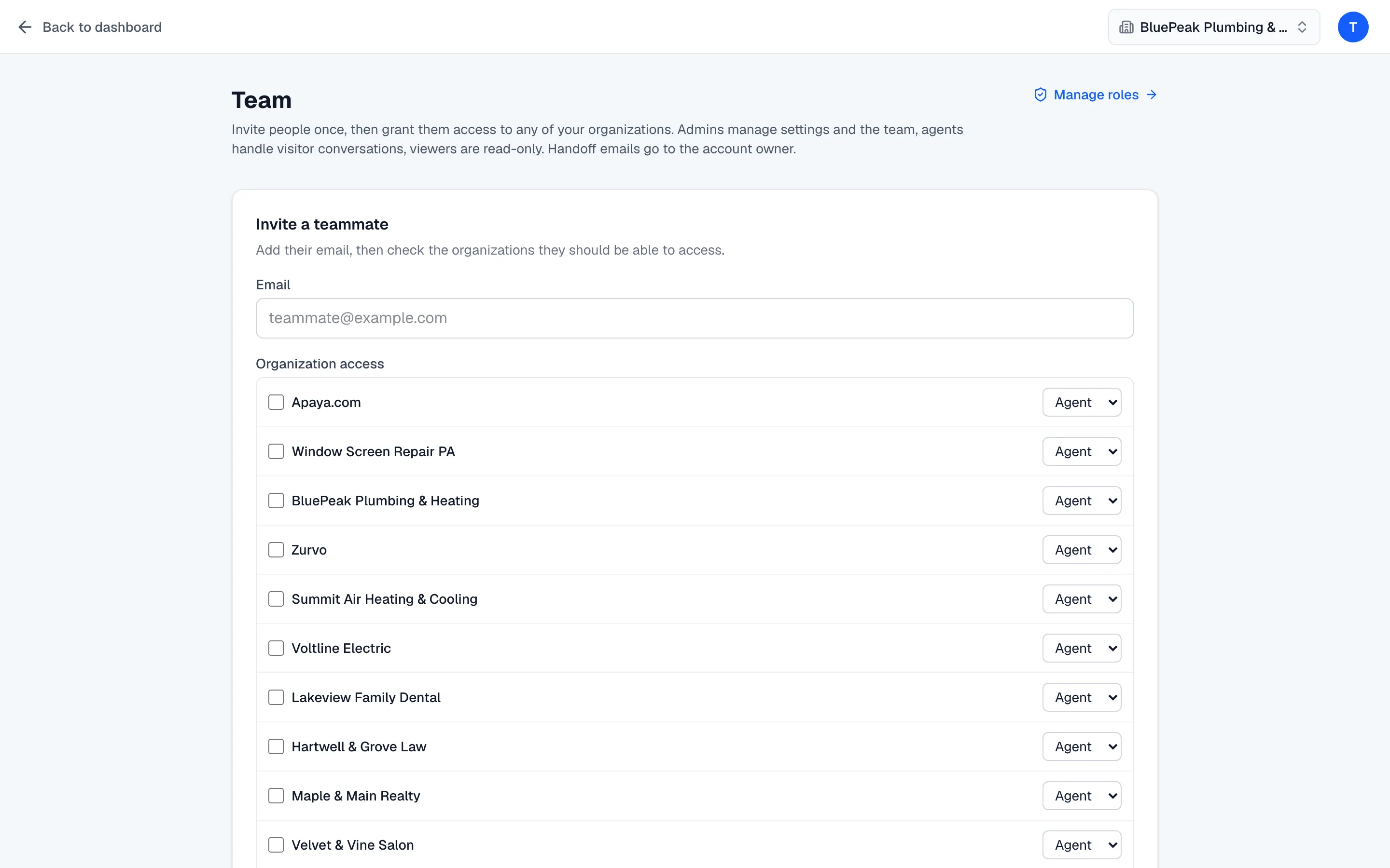 The Invite a teammate card with an email field and per-organization role controls.