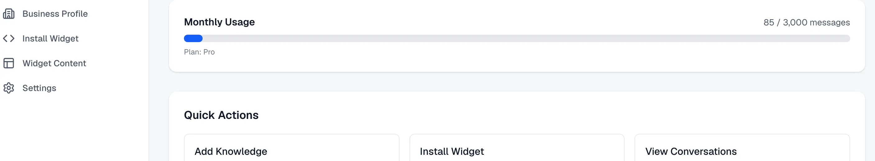 The Monthly Usage bar showing messages used against the plan limit.