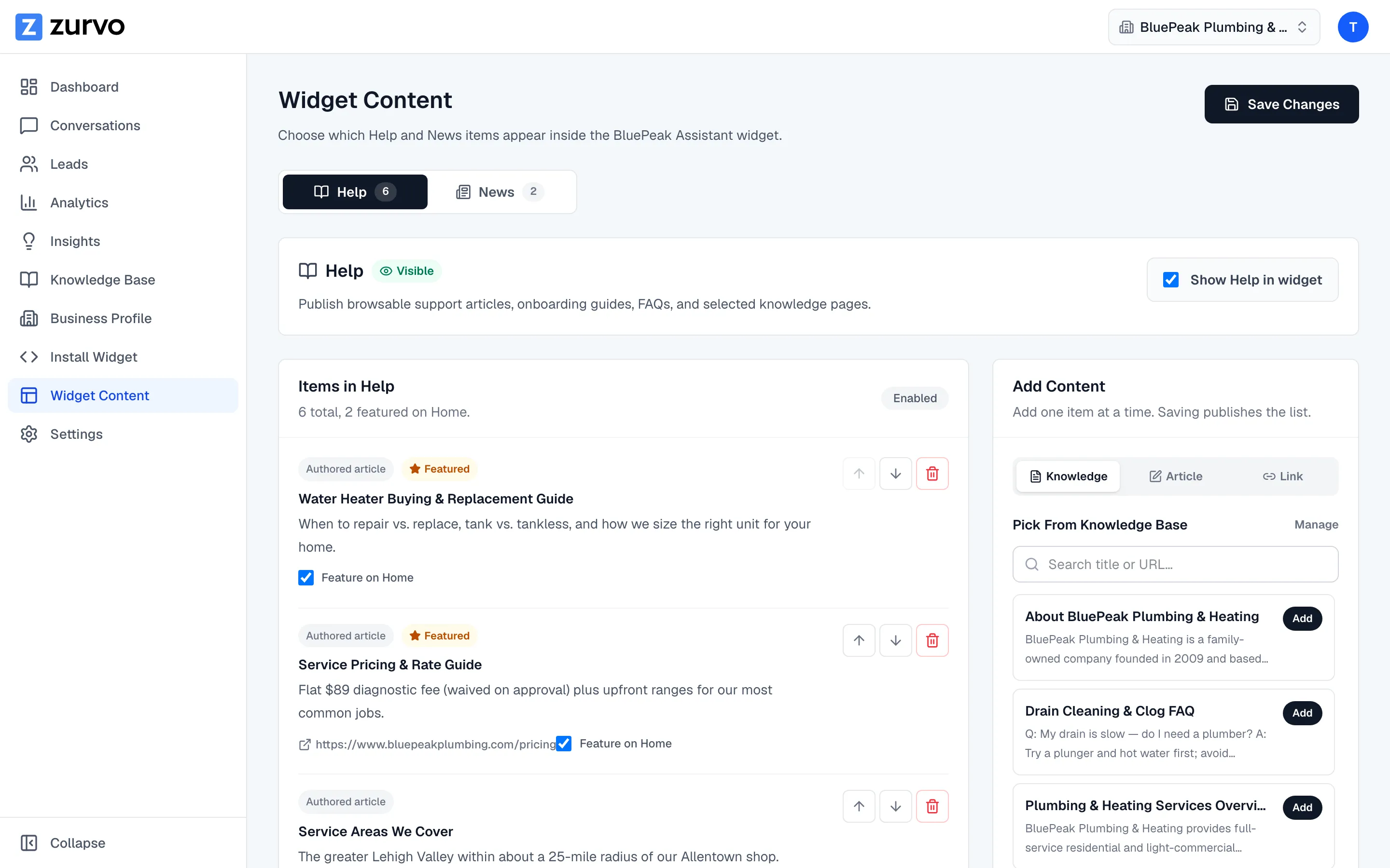 The Widget Content page with Help and News tabs, the items list, and the Add Content panel.