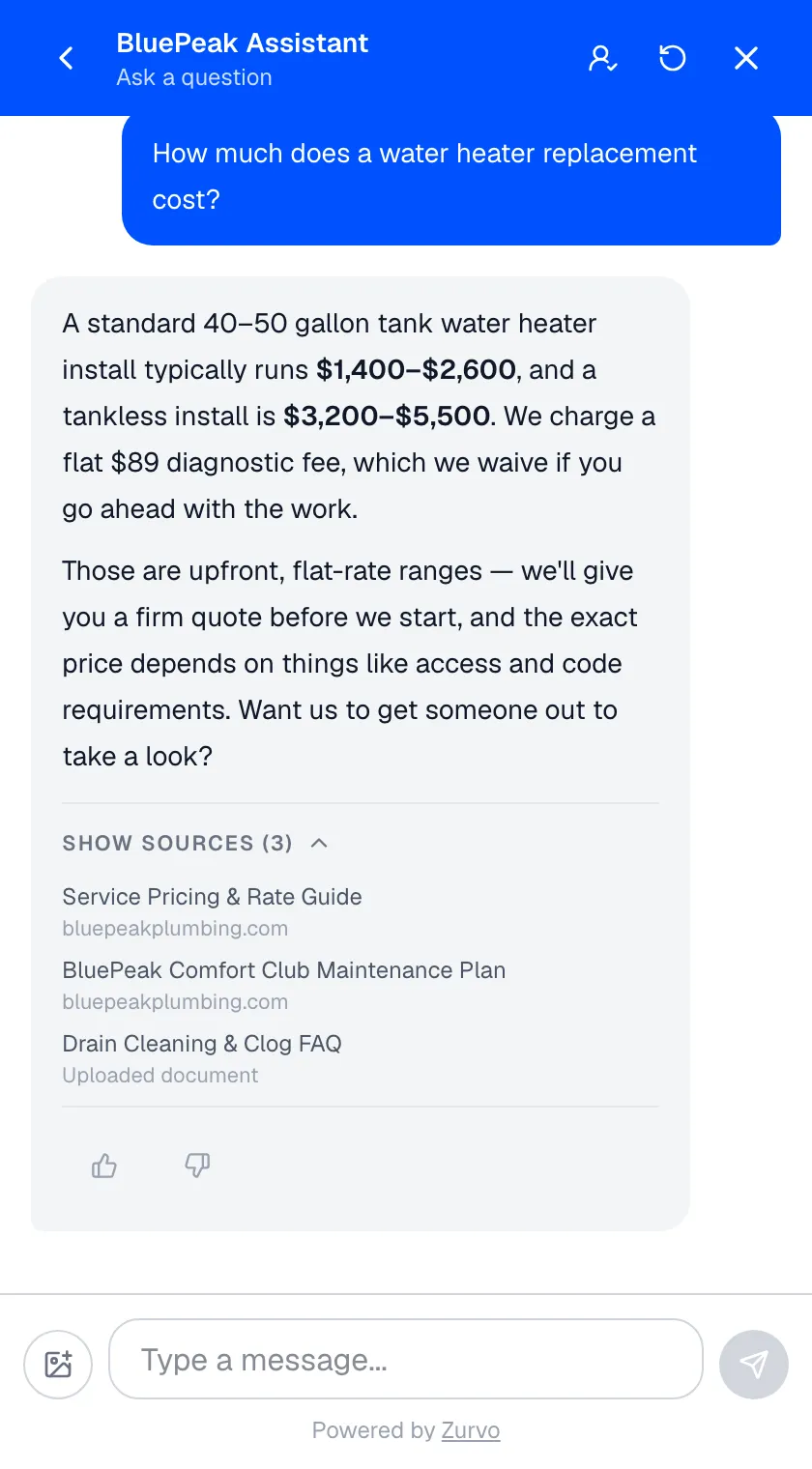 A chatbot answer with the Show sources disclosure expanded to list citations.