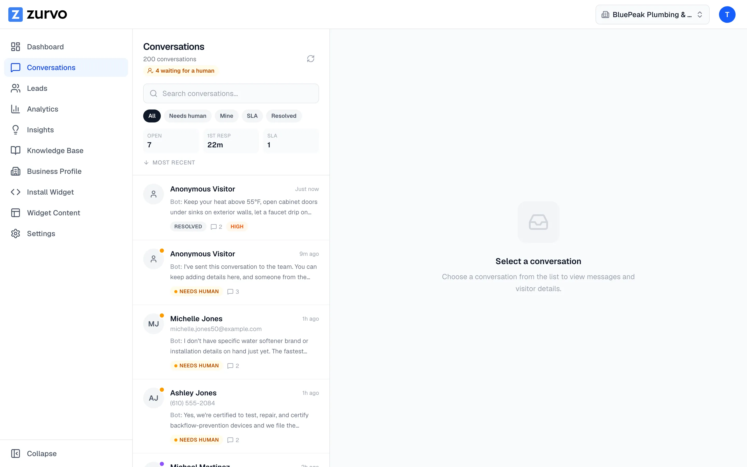 Zurvo team inbox showing the conversation queue with assignment and handoff
