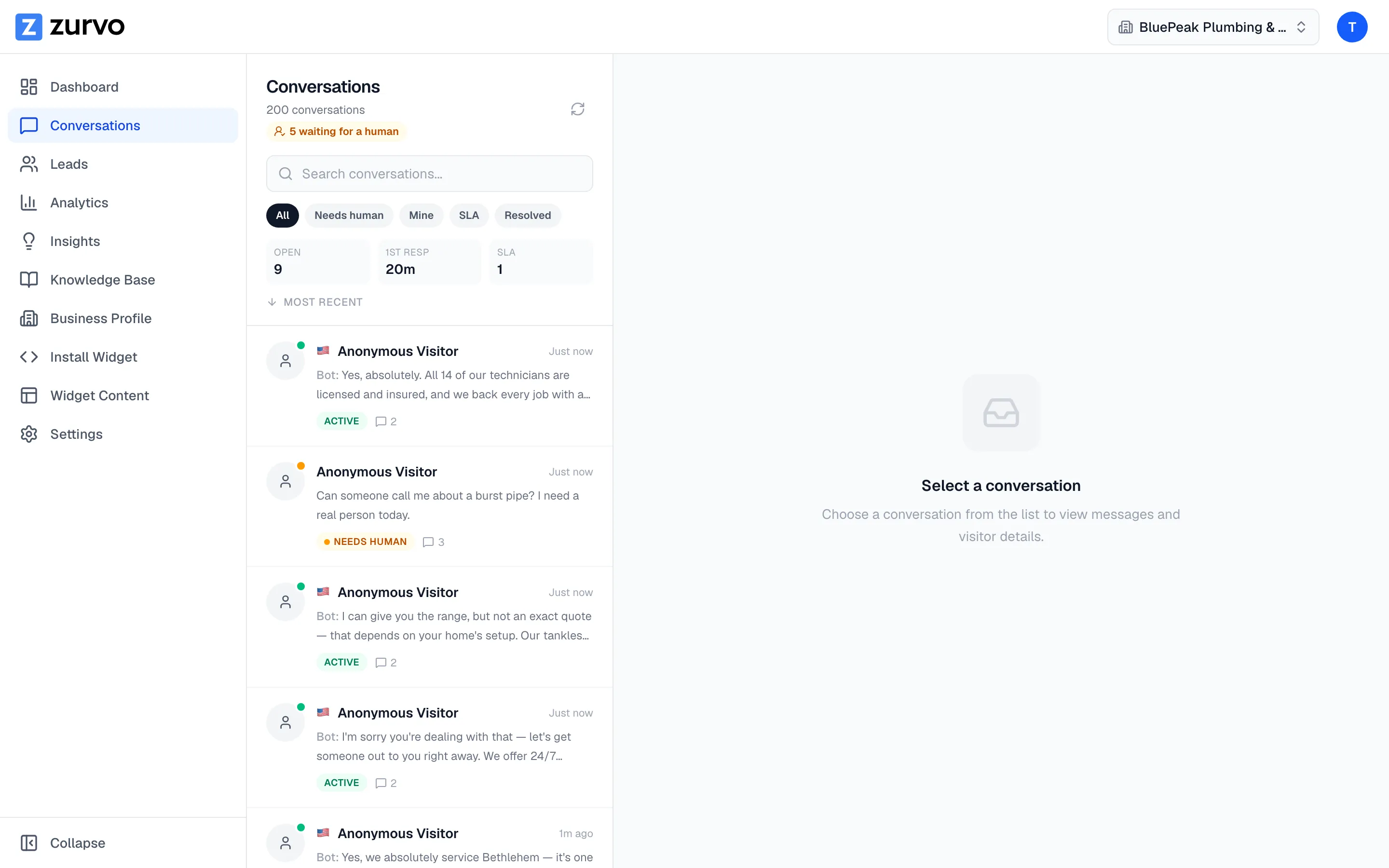 Zurvo inbox showing brand-new website conversations arriving in real time, ready for fast follow-up