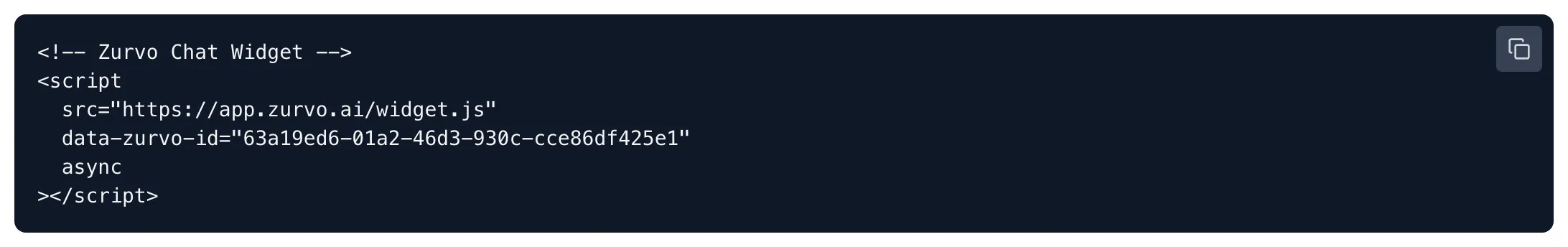 Zurvo install screen showing the one-line embed snippet