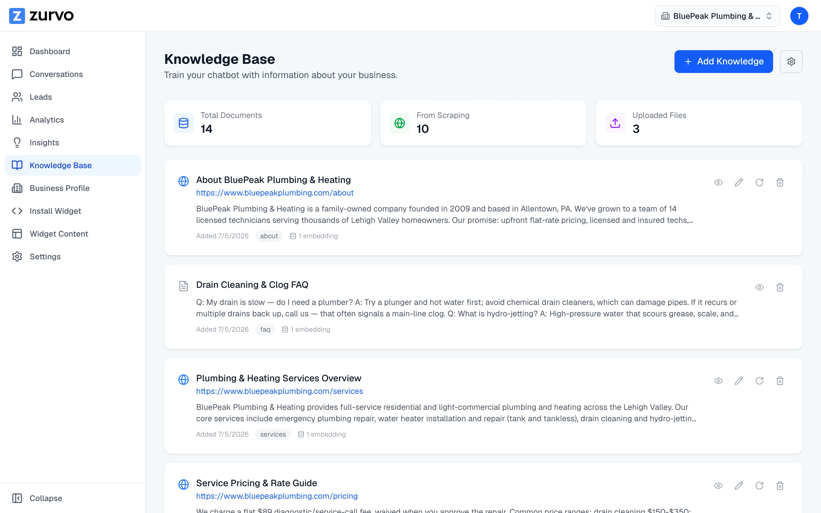 Zurvo knowledge base listing website pages and uploaded documents