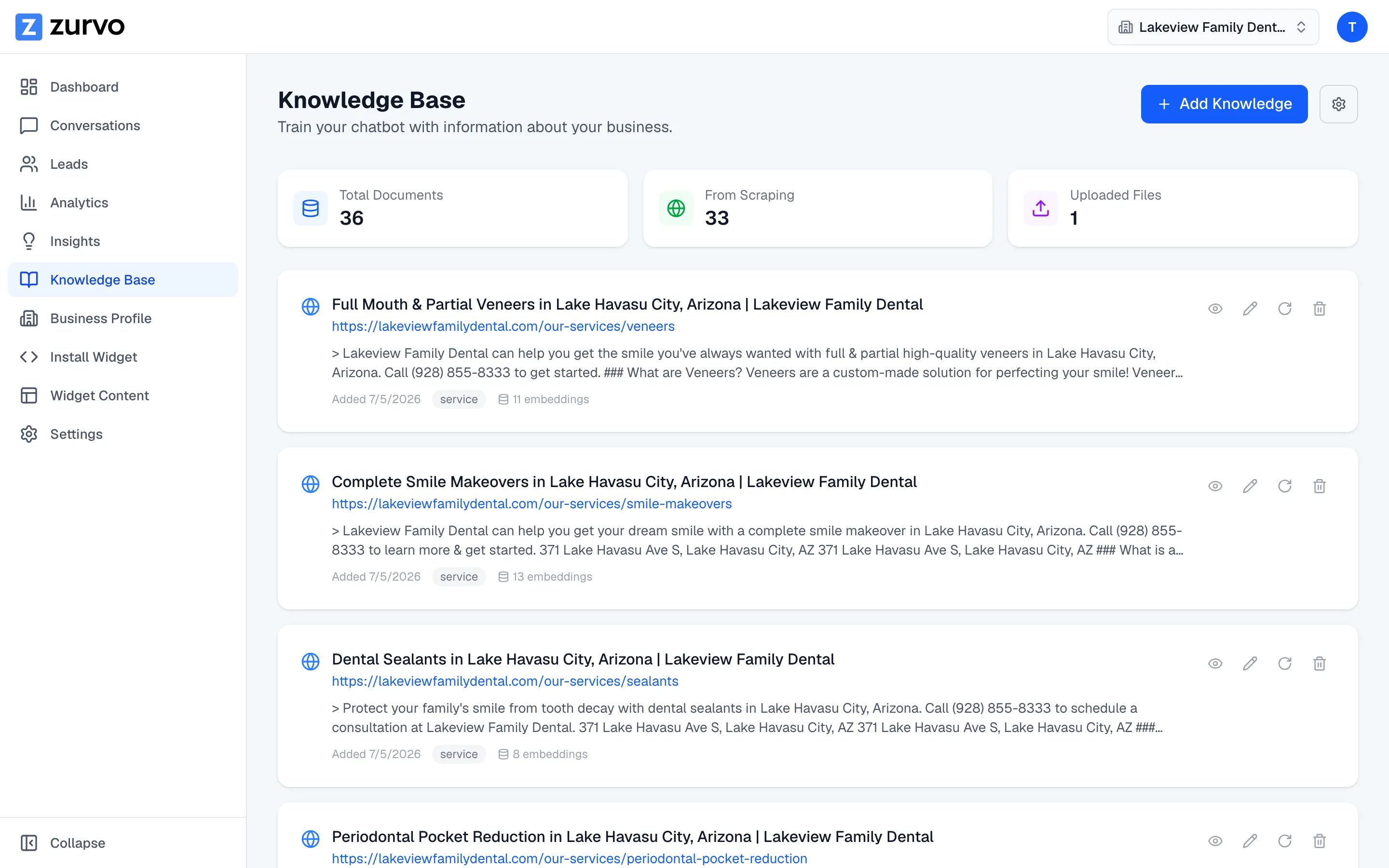 Zurvo knowledge base holding a dental practice's public content the chatbot answers from