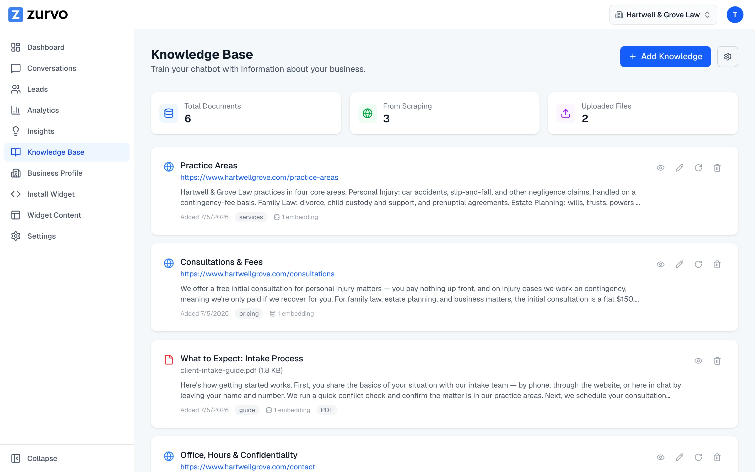 Zurvo knowledge base holding a law firm's practice-area content the chatbot answers from