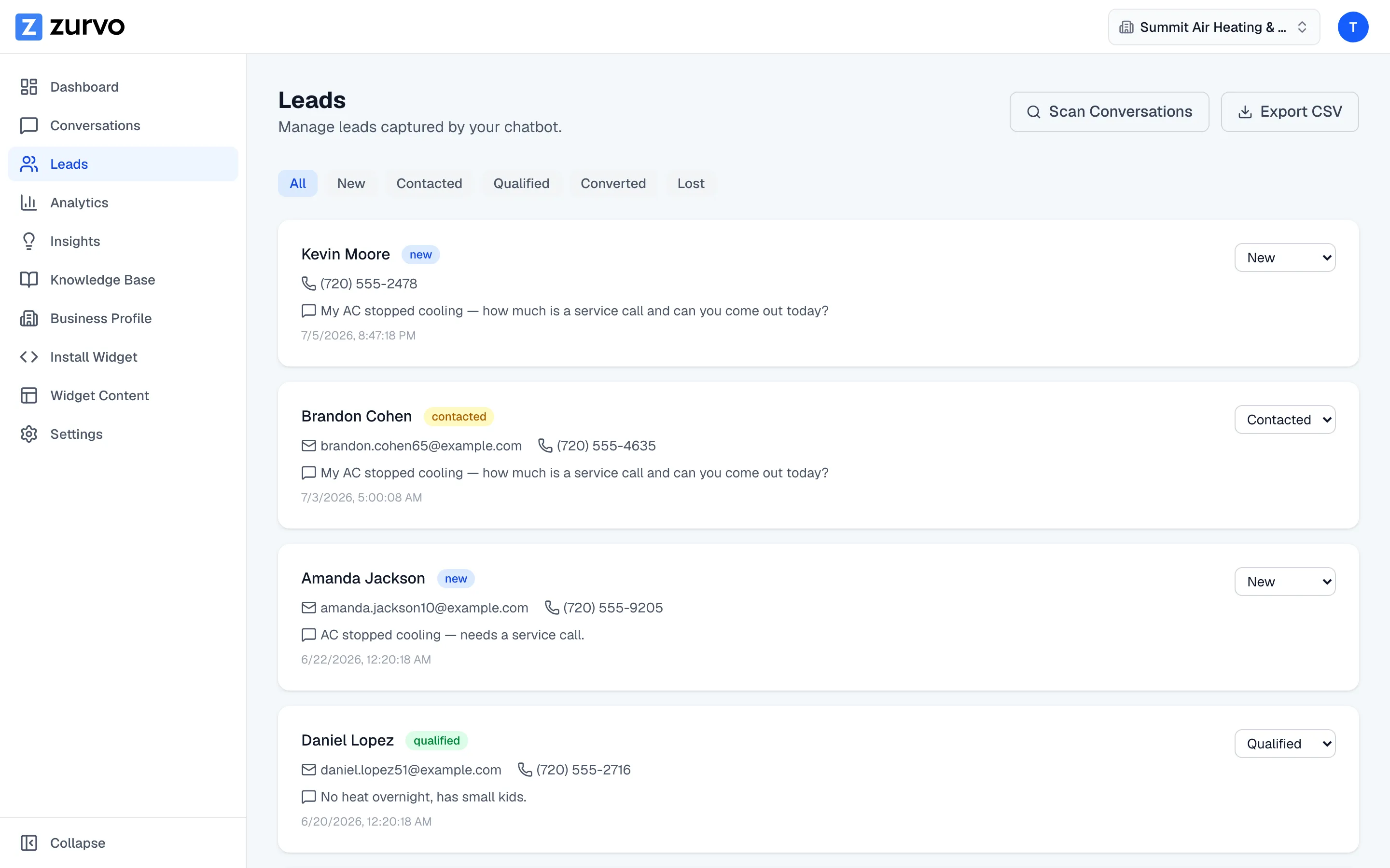 Zurvo leads view showing HVAC customer inquiries captured with contact details