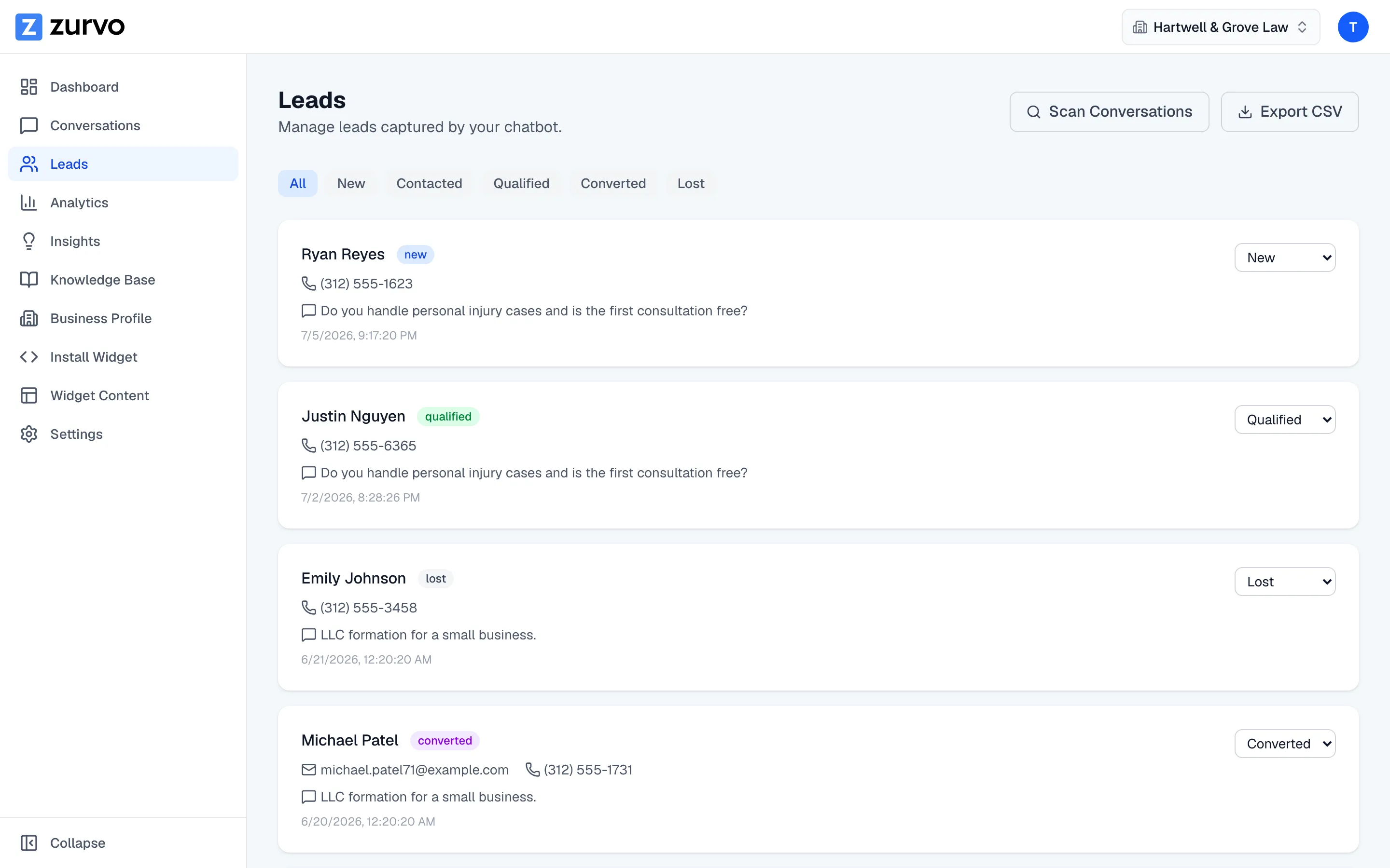 Zurvo leads view showing captured consultation requests for a law firm with contact details