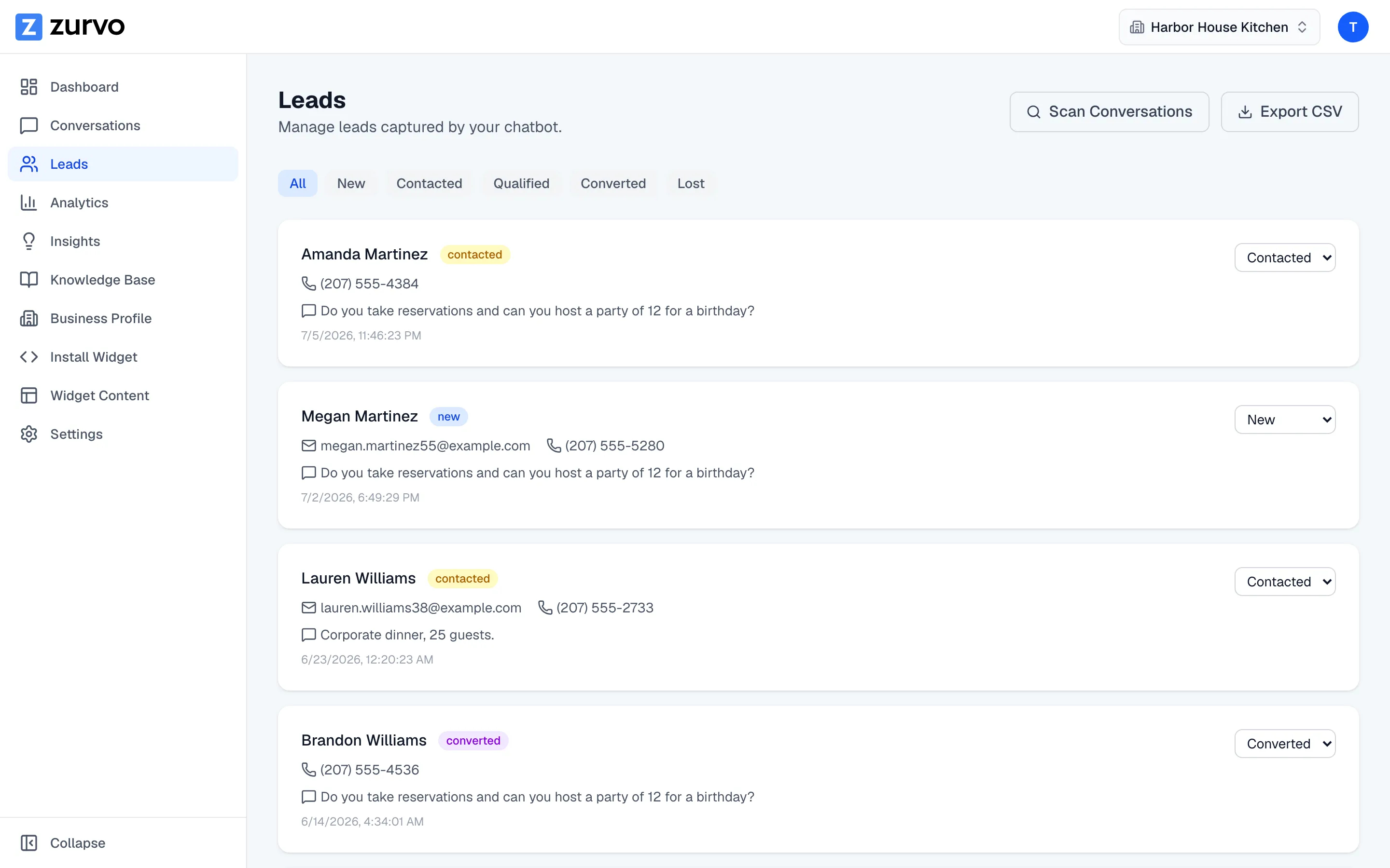 Zurvo leads view showing captured catering and large-party inquiries