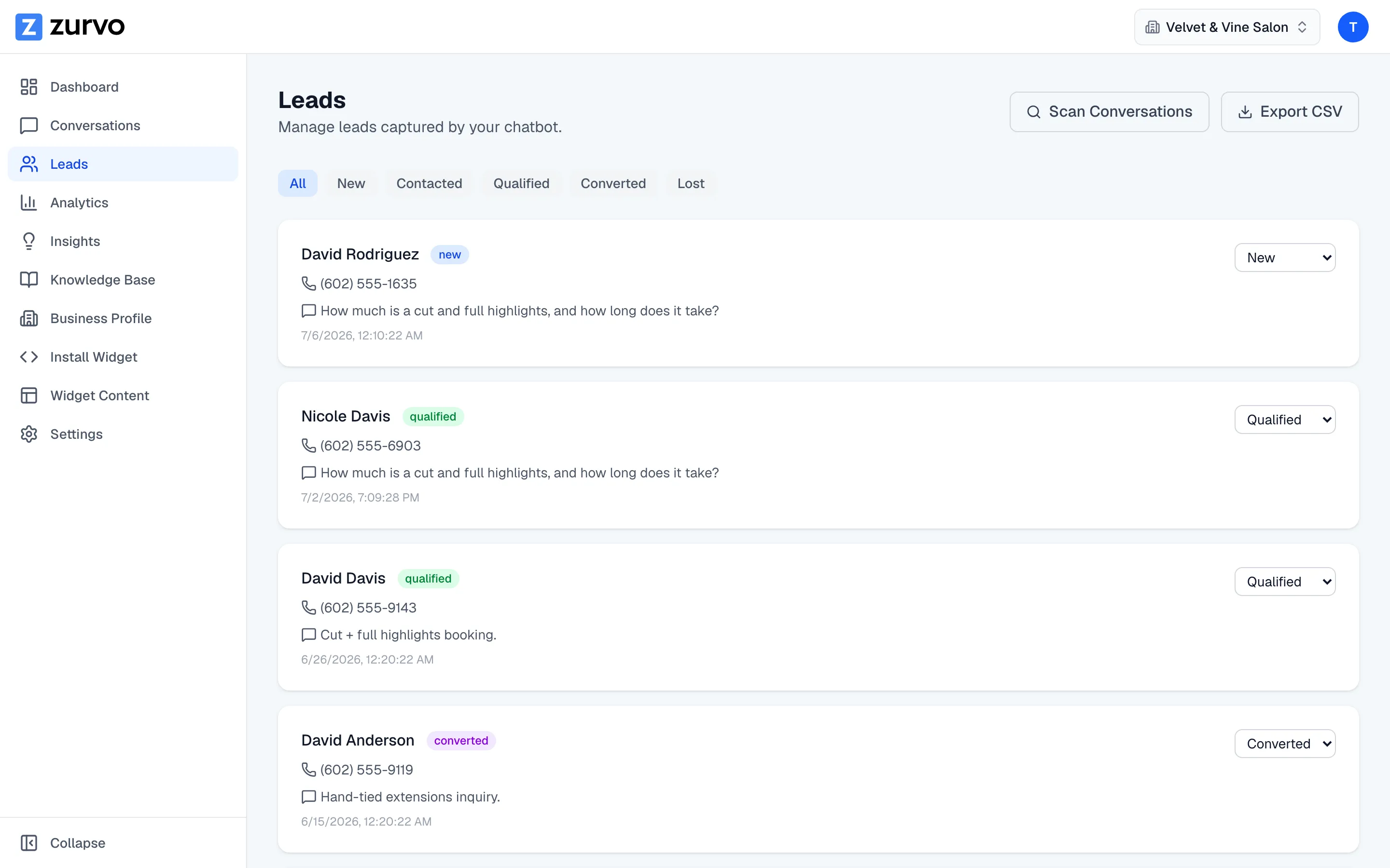 Zurvo leads view showing captured booking requests with contact details