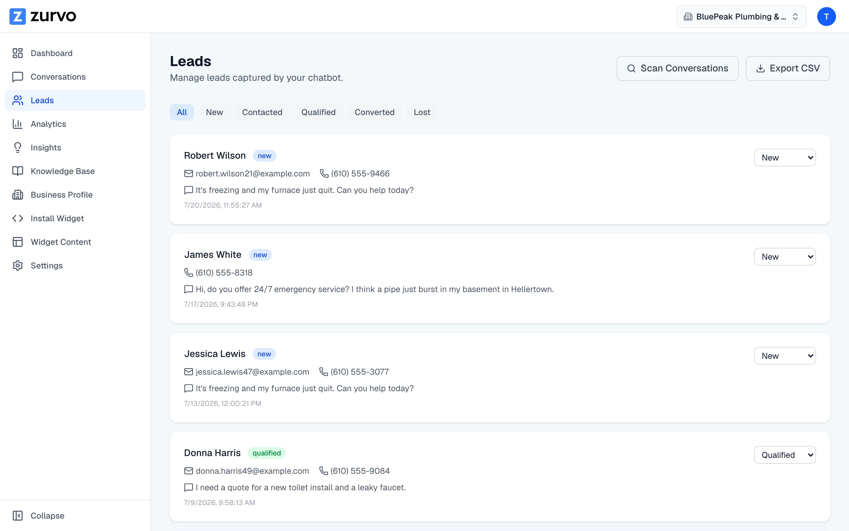 Zurvo leads dashboard listing named website inquiries with contact details captured from chat conversations