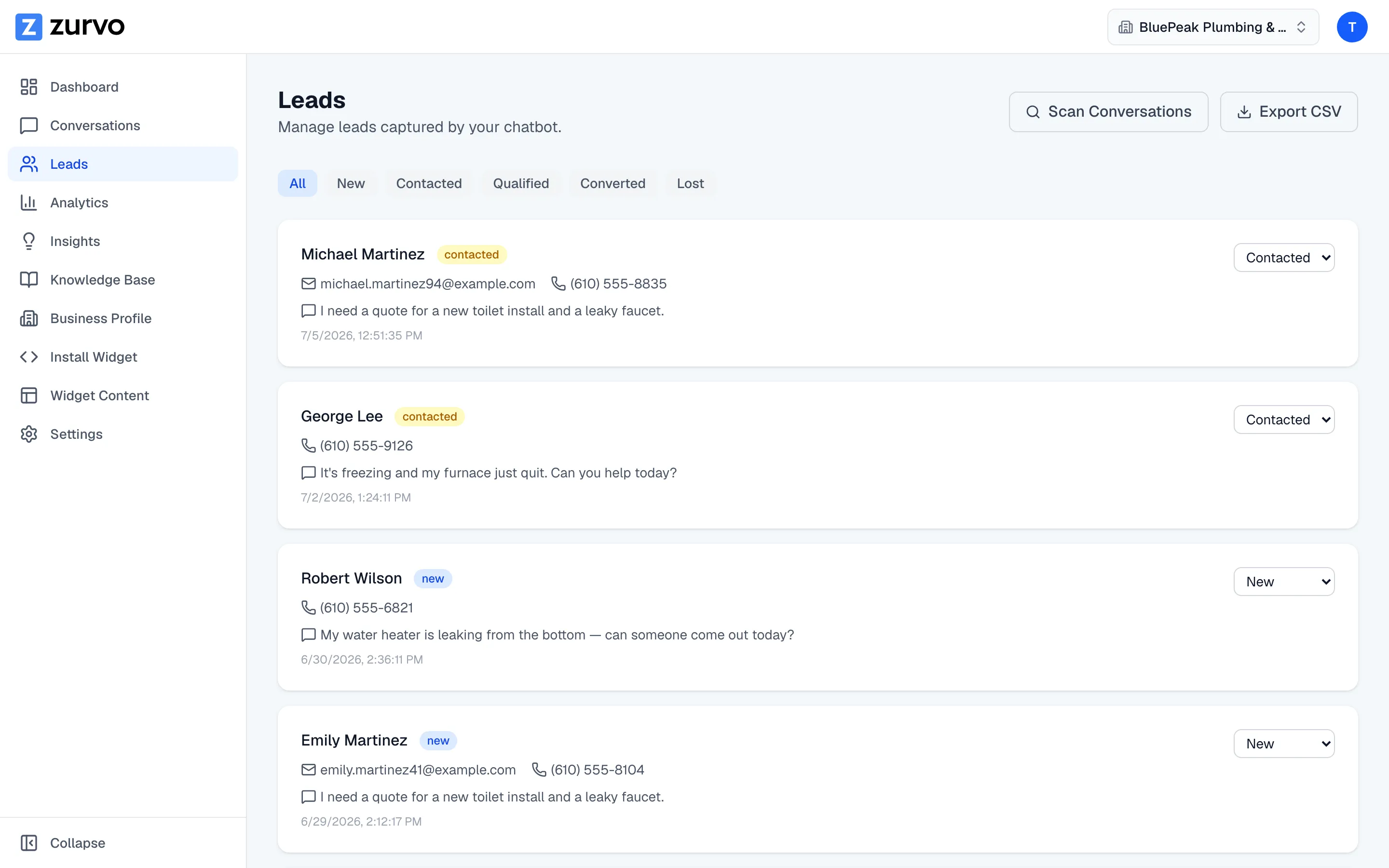 Leads dashboard listing captured contacts from chatbot conversations