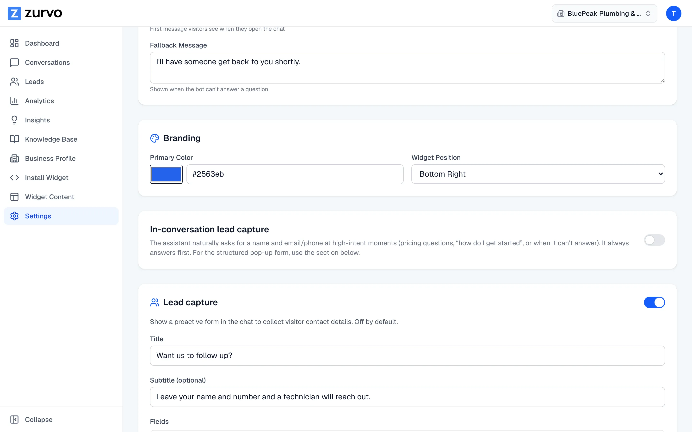 Zurvo lead-capture settings controlling what a sales team collects from visitors