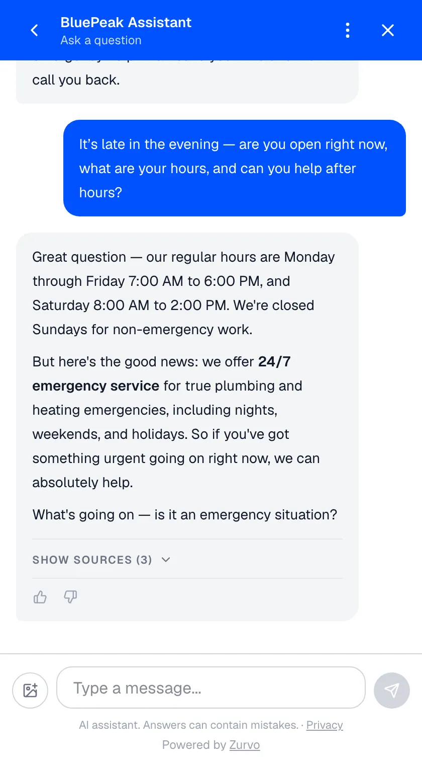 Zurvo chat widget answering a website visitor's late-evening question about hours, showing regular hours and 24/7 emergency coverage