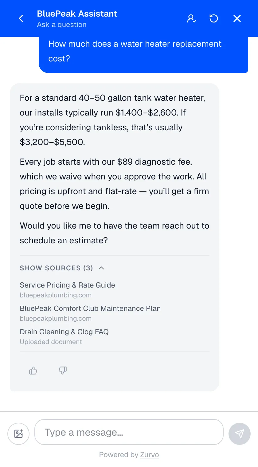 Zurvo answering a customer question with details drawn from the business’s own content