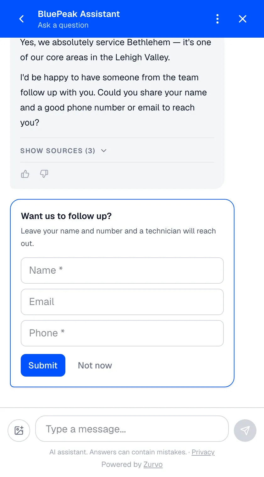Zurvo chat widget answering a website visitor's service-area question and capturing their contact details through a follow-up form