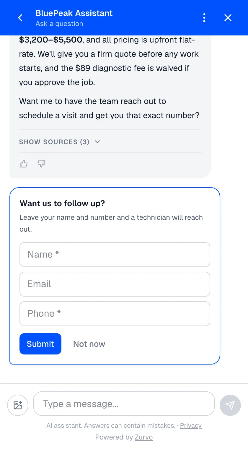 Zurvo chat widget converting a website visitor into a lead with an inline name, email, and phone capture form