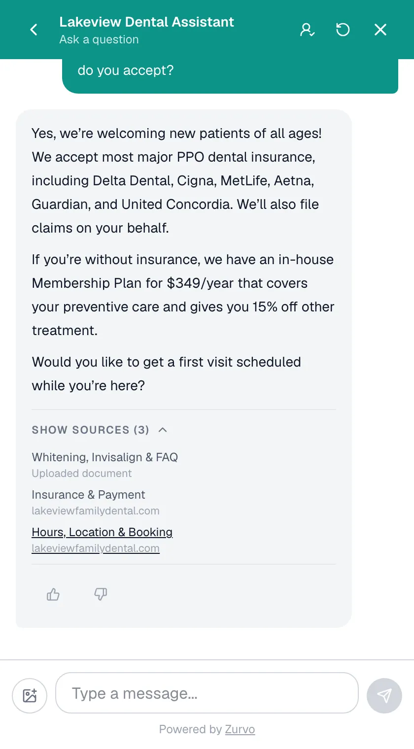 Zurvo answering a new-patient question on a dental practice's website with the source page cited