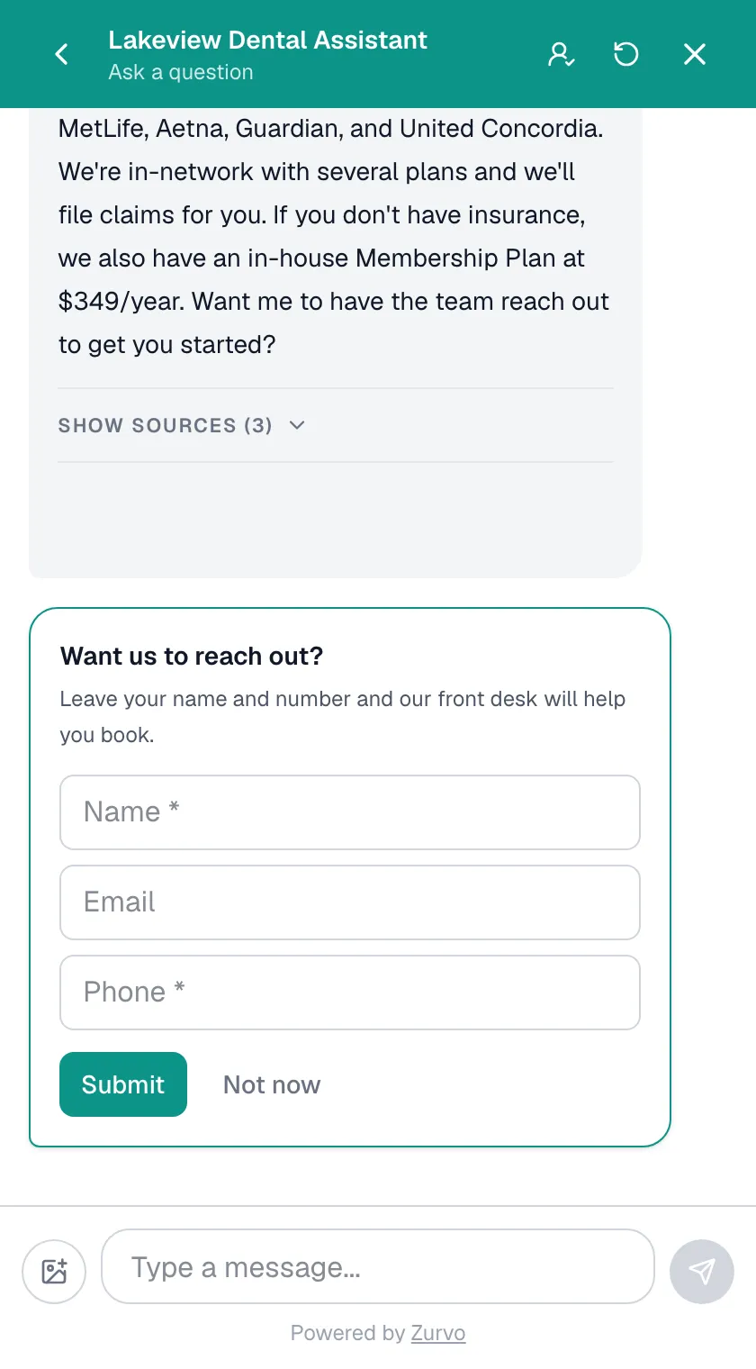 Zurvo answering a cost-and-insurance question on a dental practice's site and offering to capture the patient's details