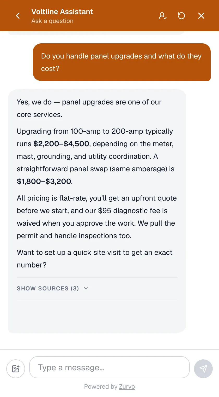 A visitor able to upload a photo of an electrical panel in Voltline Electric's Zurvo chat composer